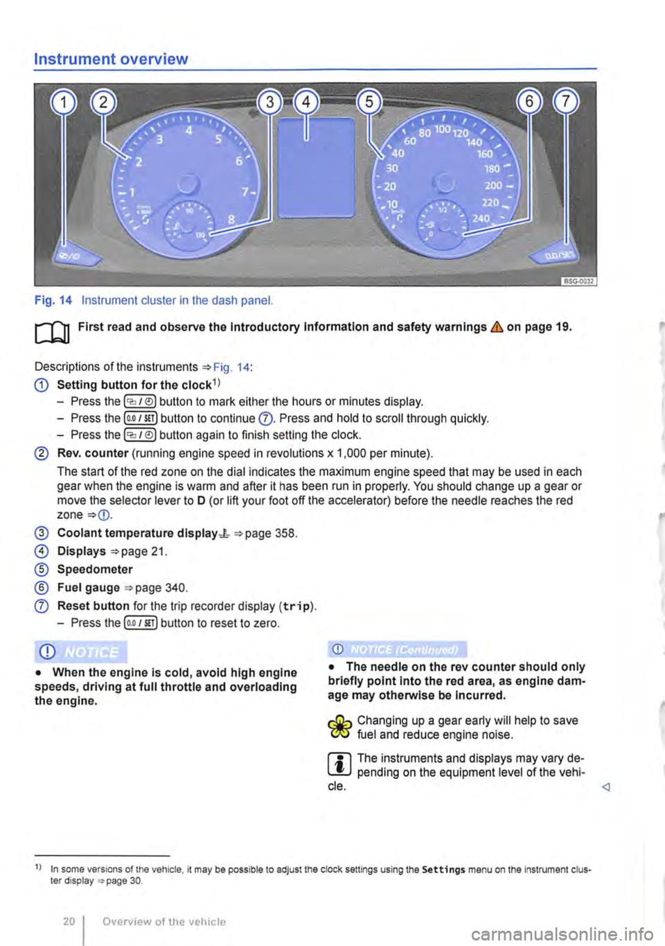 VOLKSWAGEN TRANSPORTER 2012 User Guide Instrument overview
Fig. 14 Instrument cluster in the dash panel.
m First read and observe the Introductory Information and safety warnings & on page 19.
Descriptions of the instruments 14:
G) Set VOLKSWAGEN TRANSPORTER 2012 User Guide Instrument overview
Fig. 14 Instrument cluster in the dash panel.
m First read and observe the Introductory Information and safety warnings & on page 19.
Descriptions of the instruments 14:
G) Set
