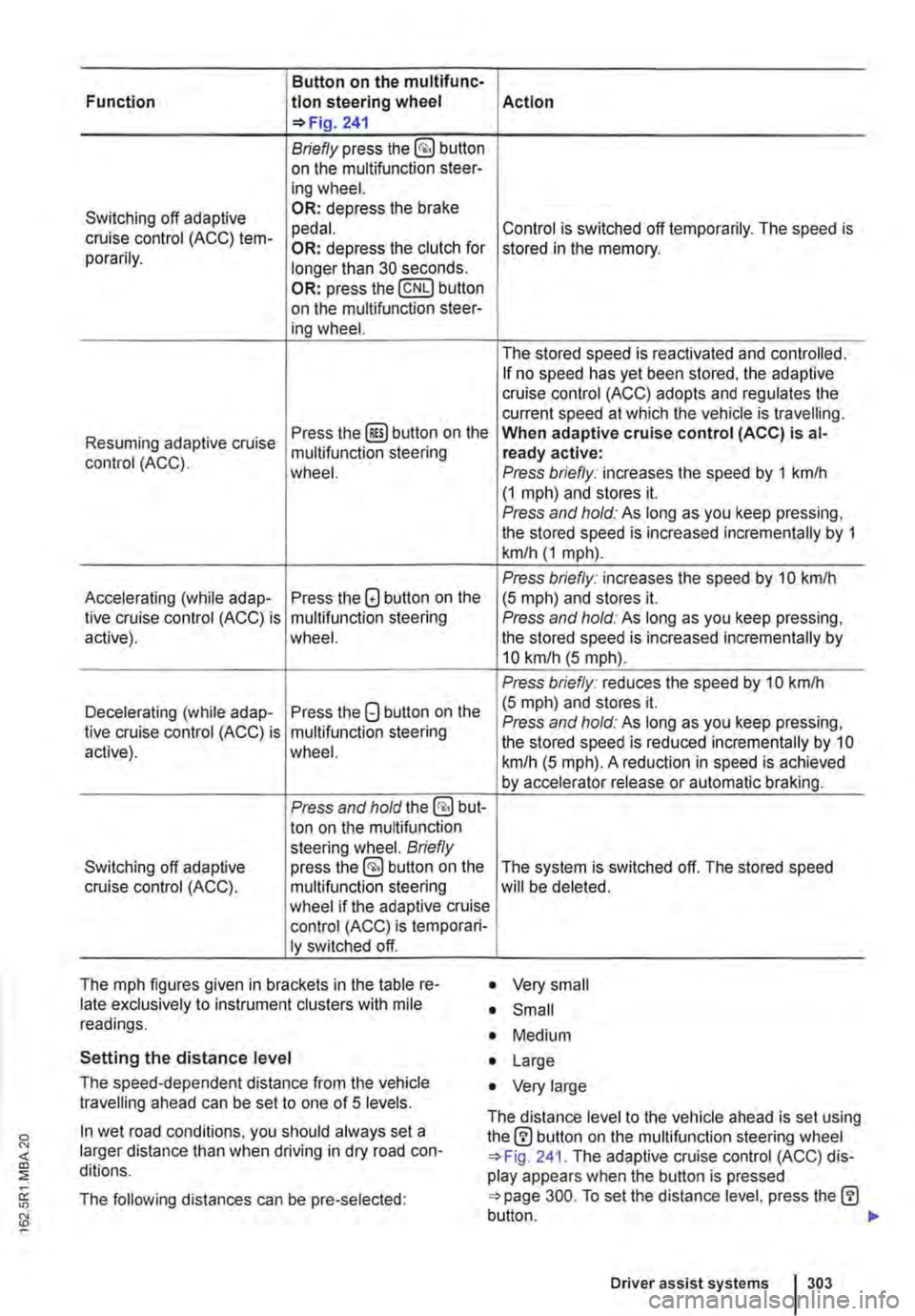 VOLKSWAGEN TRANSPORTER 2012  Owners Manual Button on the multifunc-
!Action Function tlon steering wheel 241 
Briefly press the §] button on the multifunction steer-ing wheel. 
Switching off adaptive OR: depress the brake 
cruise control (ACC