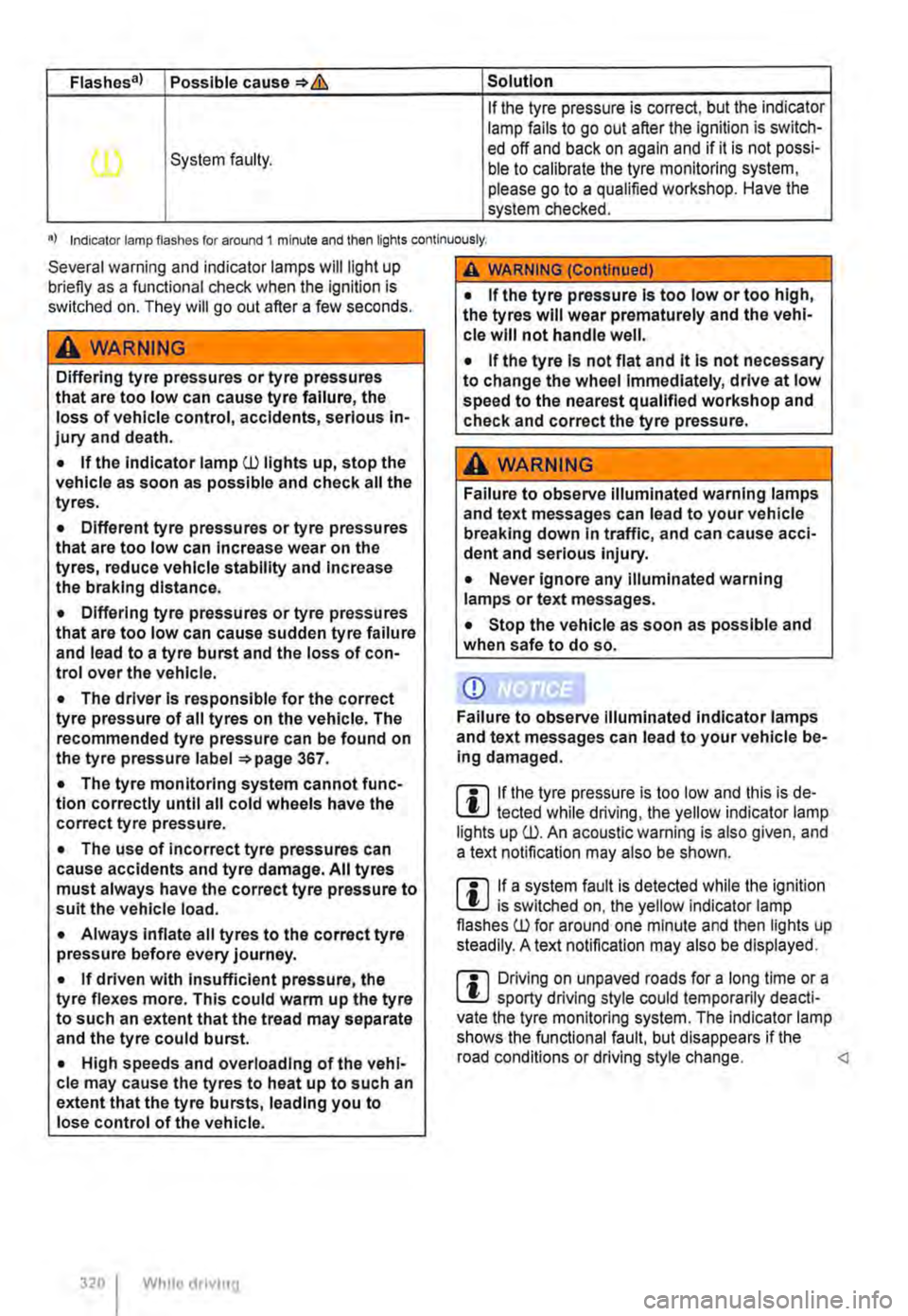 VOLKSWAGEN TRANSPORTER 2012  Owners Manual Flashes a) Possible cause*& Solution 
If the tyre pressure is correct, but the indicator lamp fails to go out after the ignilion is switch-
(l) System faulty. ed off and back on again and if it is not