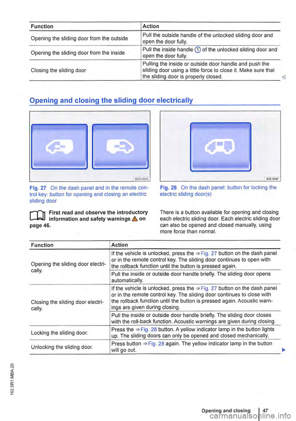 VOLKSWAGEN TRANSPORTER 2012  Owners Manual Function 
Opening the sliding door from the outside 
Opening the sliding door from the inside 
Closing the sliding door 
Action 
Pull the outside handle of the unlocked sliding door and open the door 