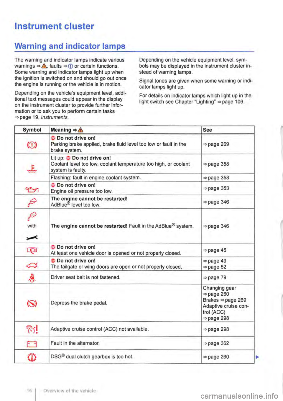 VOLKSWAGEN TRANSPORTER 2011  Owners Manual Instrument cluster 
Warning and indicator lamps 
The warning and indicator lamps indicate various warnings ::.&.faults ::.(D or certain functions. Some warning and indicator lamps light up when the ig