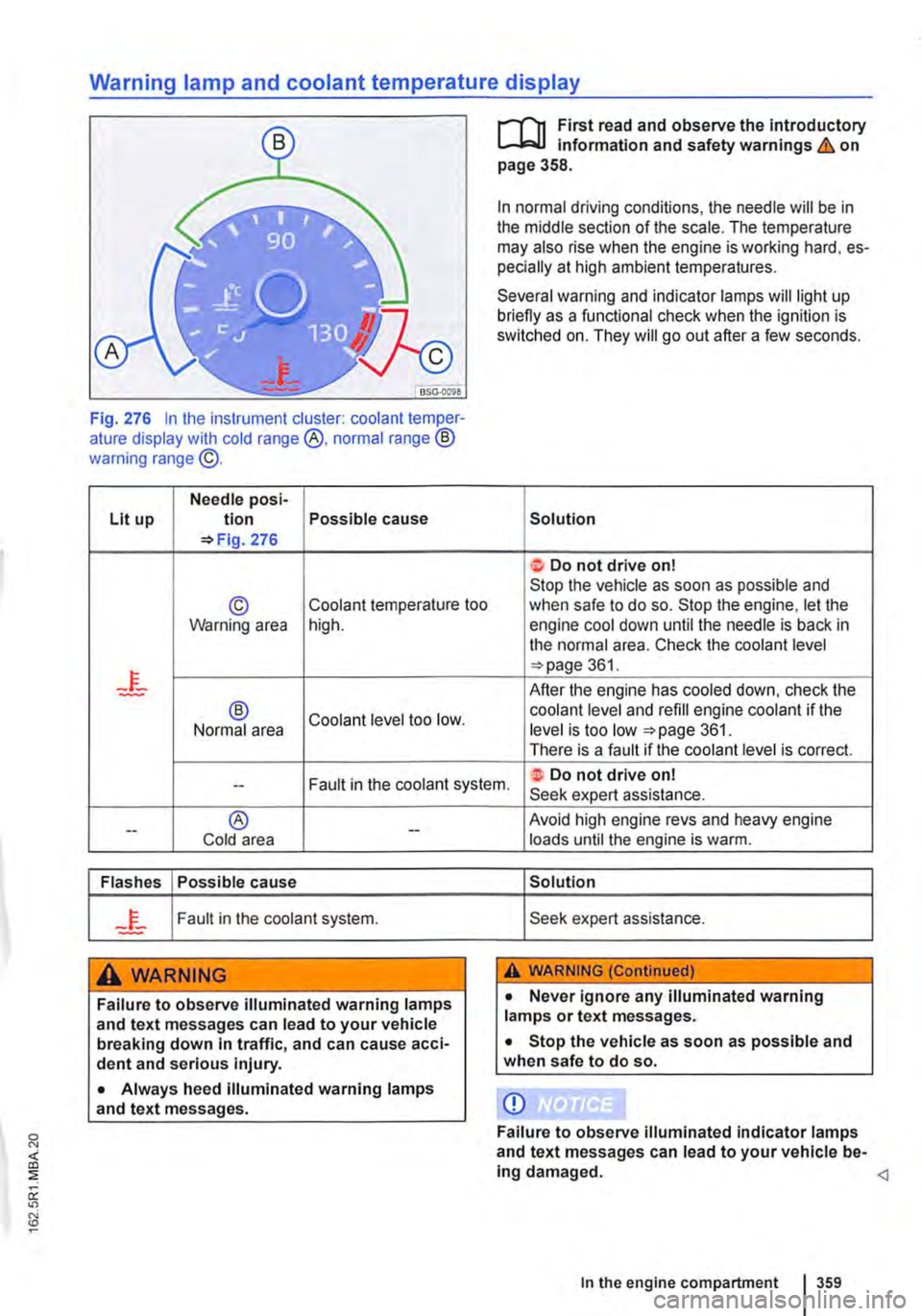 VOLKSWAGEN TRANSPORTER 2010  Owners Manual Warning lamp and coolant temperature display 
Fig. 276 In the instrument cluster: coolant temper-ature display with cold range @, normal range ® warning range @. 
Needle posi-Lit up tion Possible cau