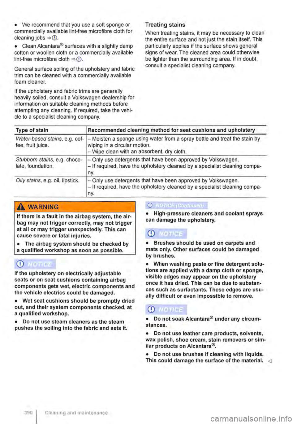 VOLKSWAGEN TRANSPORTER 2010 Owners Manual • We recommend that you use a soft sponge or commercially available lint-free microfibre cloth for cleaning jobs
• Clean Alcantara® surfaces with a slightly damp cotton or woollen cloth or a com VOLKSWAGEN TRANSPORTER 2010 Owners Manual • We recommend that you use a soft sponge or commercially available lint-free microfibre cloth for cleaning jobs
• Clean Alcantara® surfaces with a slightly damp cotton or woollen cloth or a com