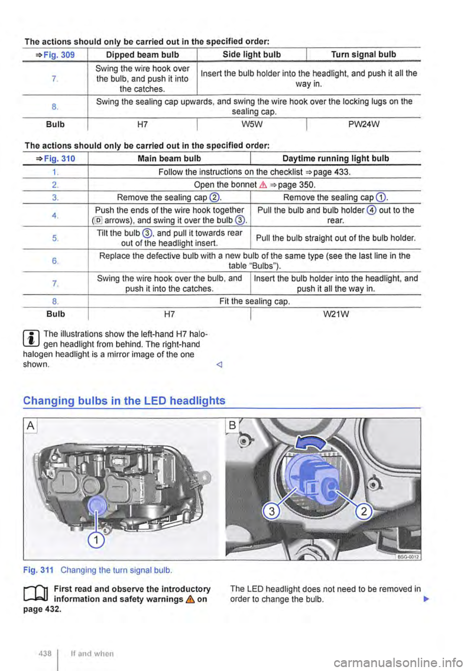 VOLKSWAGEN TRANSPORTER 2010  Owners Manual The actions should only be carried out in the specified order: 
=>Fig. 309 Dipped  beam bulb Side light bulb I Turn signal bulb 
7 
8. 
Bulb 
Swing the wire hook over the bulb, and push it into the ca