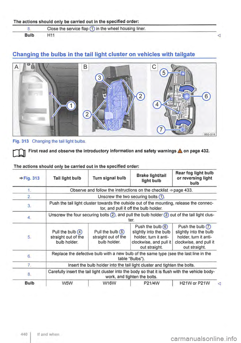 VOLKSWAGEN TRANSPORTER 2010  Owners Manual The actions should only be carried out in the specified order: 
8. Close the service flap CD in the wheel housing liner. 
Bulb H11 <] 
Fig. 313 Changing the tail light bulbs. 
ro First read and observ