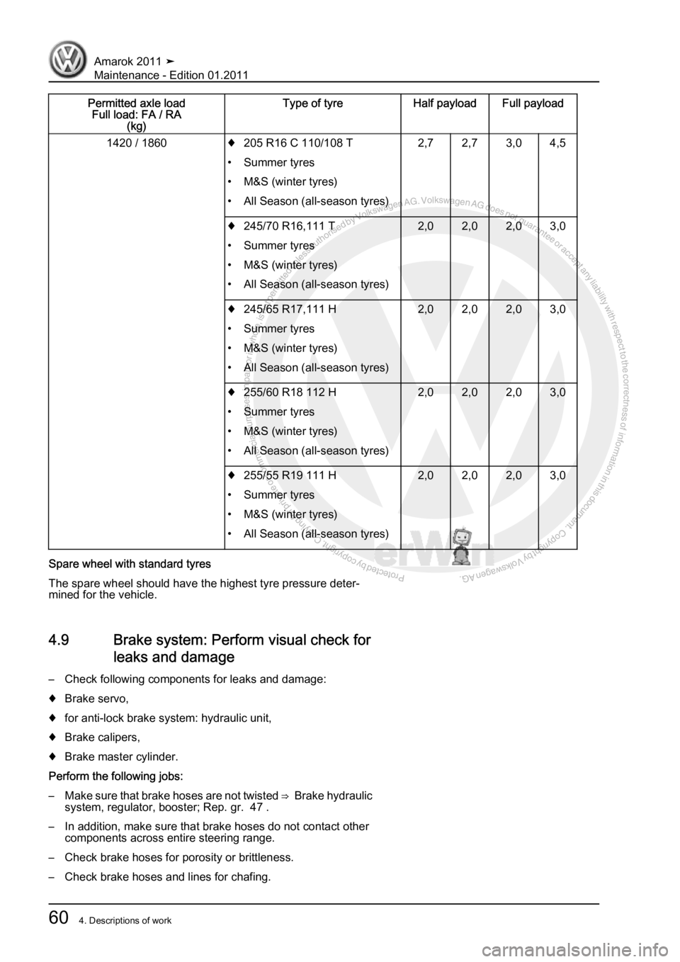 VOLKSWAGEN AMAROK 2010 Repair Manual Protected by copyright. Copying for private or commercial purposes, in partor in whole, is not permitted unless authorised by Volkswagen AG. Volkswagen AG does notguarantee or accept any liability wit