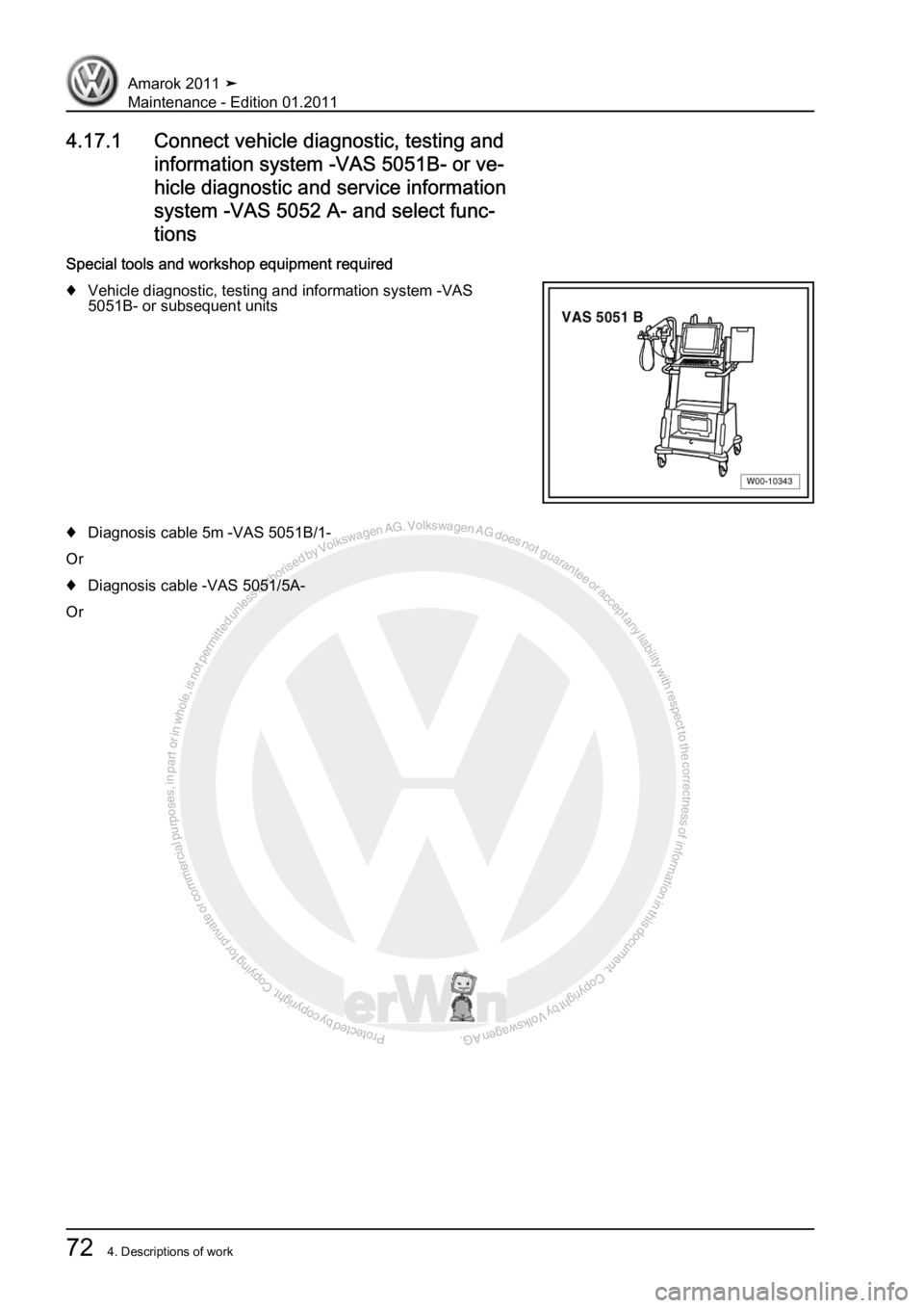 VOLKSWAGEN AMAROK 2010 Manual PDF Protected by copyright. Copying for private or commercial purposes, in partor in whole, is not permitted unless authorised by Volkswagen AG. Volkswagen AG does notguarantee or accept any liability wit