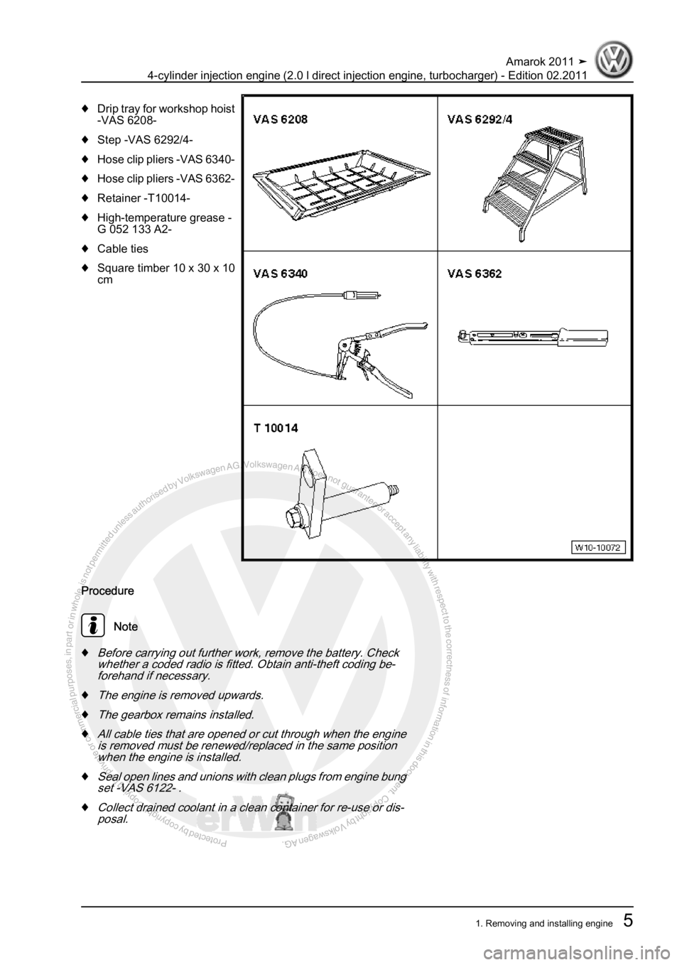 VOLKSWAGEN AMAROK 2011 User Guide Protected by copyright. Copying for private or commercial purposes, in partor in whole, is not permitted unless authorised by Volkswagen AG. Volkswagen AG does notguarantee or accept any liability wit