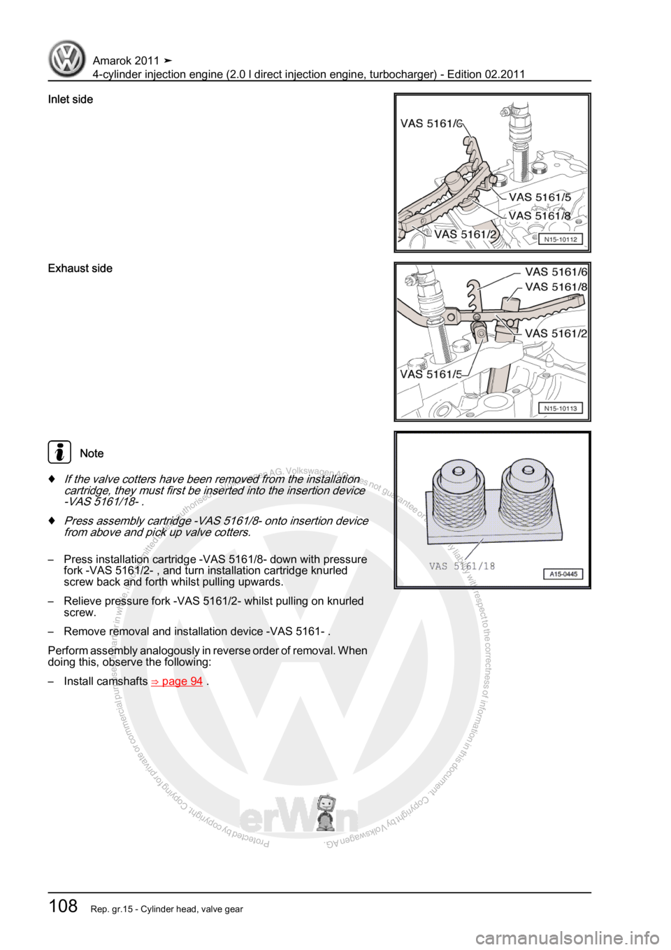 VOLKSWAGEN AMAROK 2011  Workshop Manual Protected by copyright. Copying for private or commercial purposes, in partor in whole, is not permitted unless authorised by Volkswagen AG. Volkswagen AG does notguarantee or accept any liability wit