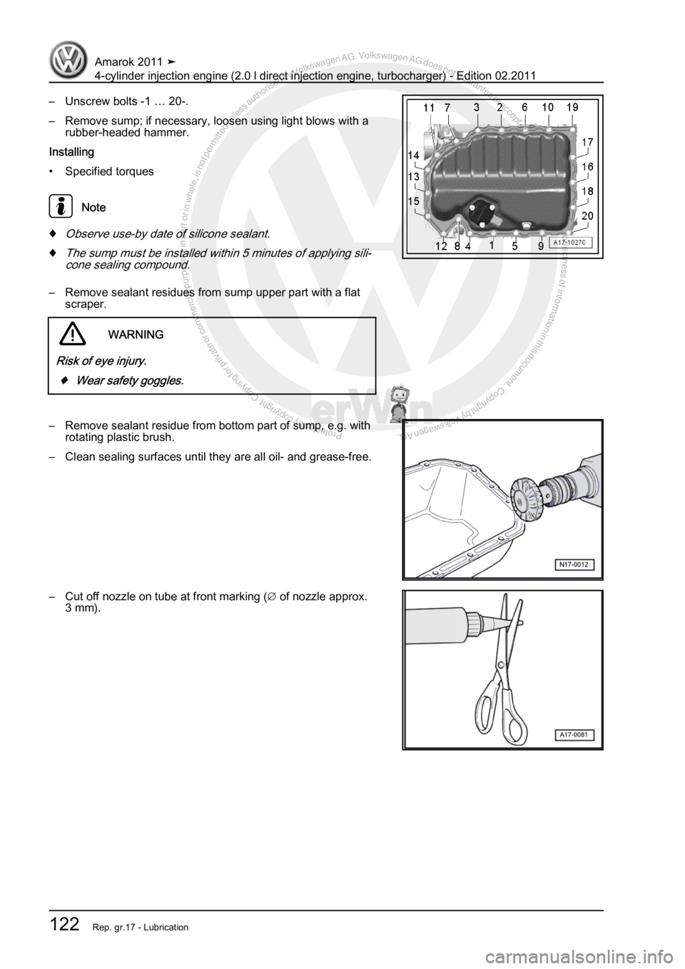 VOLKSWAGEN AMAROK 2011  Workshop Manual Protected by copyright. Copying for private or commercial purposes, in partor in whole, is not permitted unless authorised by Volkswagen AG. Volkswagen AG does notguarantee or accept any liability wit