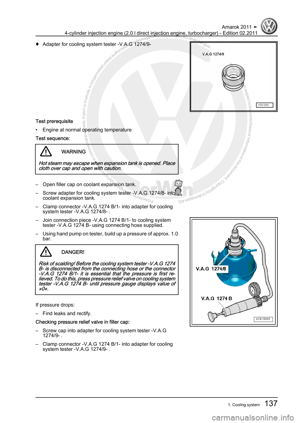 VOLKSWAGEN AMAROK 2011  Workshop Manual Protected by copyright. Copying for private or commercial purposes, in partor in whole, is not permitted unless authorised by Volkswagen AG. Volkswagen AG does notguarantee or accept any liability wit
