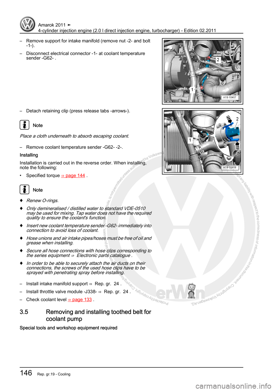 VOLKSWAGEN AMAROK 2011  Workshop Manual Protected by copyright. Copying for private or commercial purposes, in partor in whole, is not permitted unless authorised by Volkswagen AG. Volkswagen AG does notguarantee or accept any liability wit