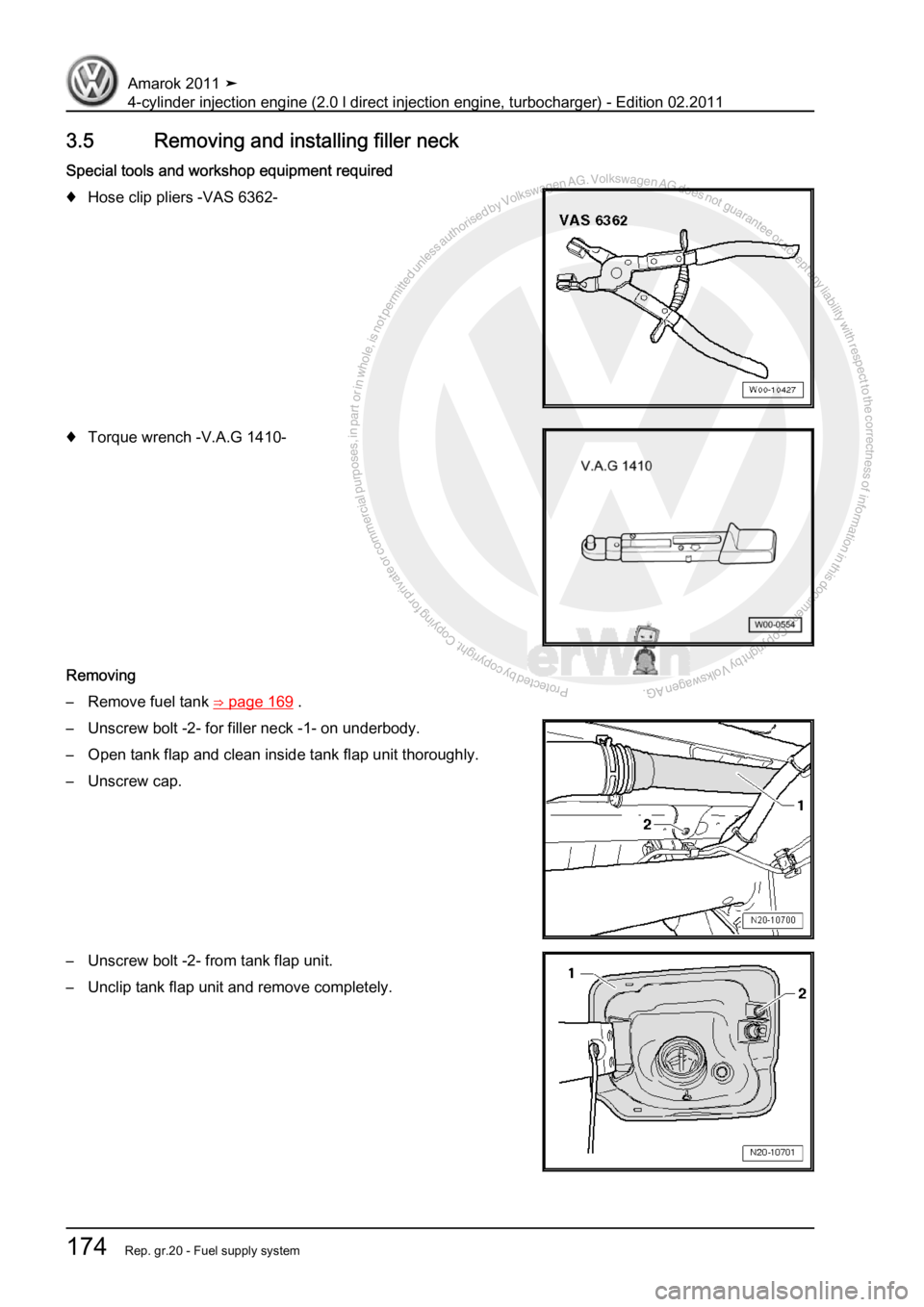 VOLKSWAGEN AMAROK 2011  Workshop Manual Protected by copyright. Copying for private or commercial purposes, in partor in whole, is not permitted unless authorised by Volkswagen AG. Volkswagen AG does notguarantee or accept any liability wit