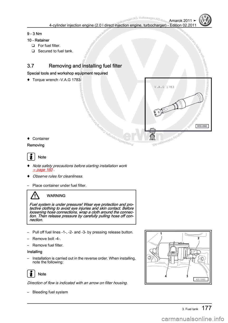 VOLKSWAGEN AMAROK 2011  Workshop Manual Protected by copyright. Copying for private or commercial purposes, in partor in whole, is not permitted unless authorised by Volkswagen AG. Volkswagen AG does notguarantee or accept any liability wit