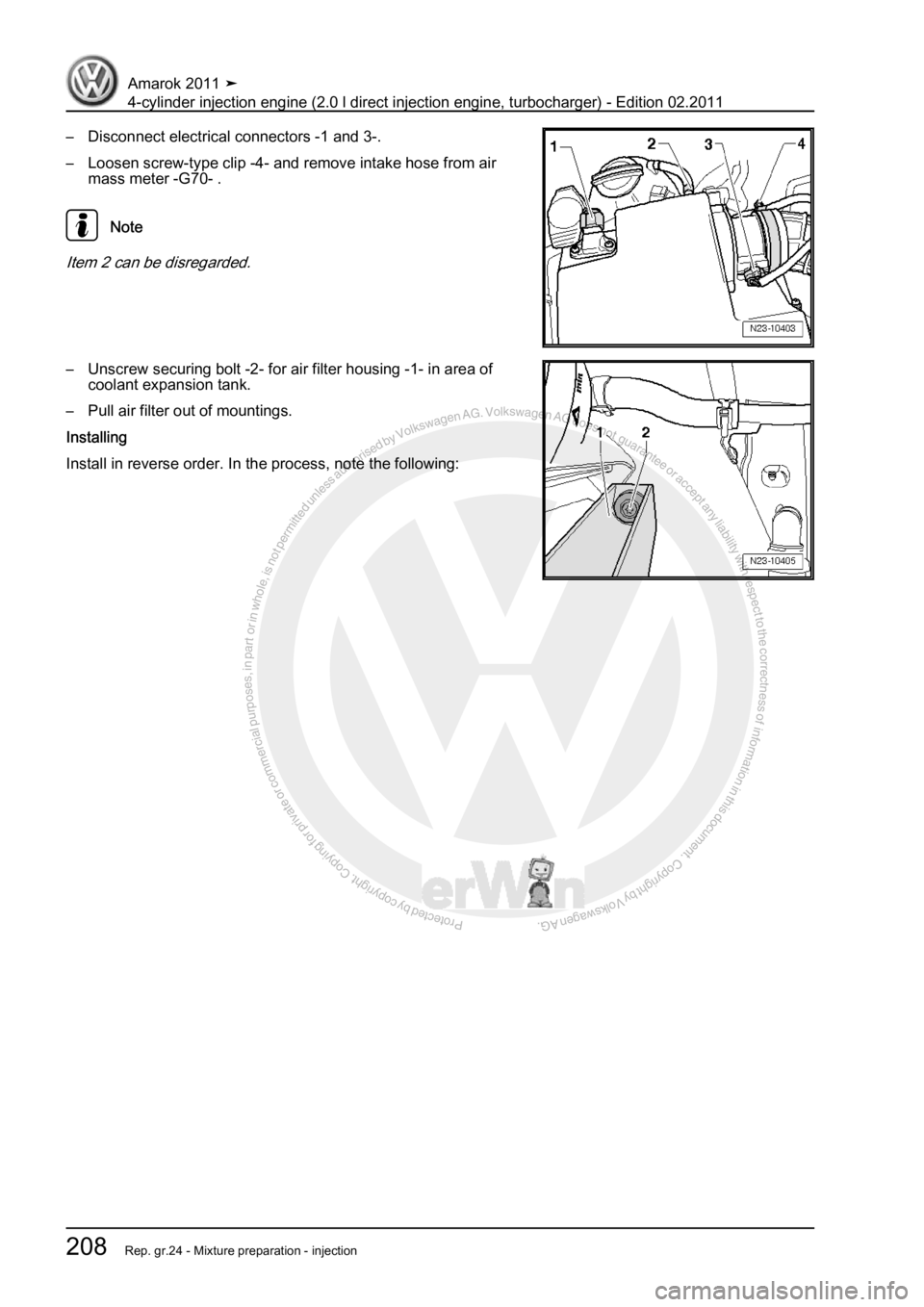 VOLKSWAGEN AMAROK 2011  Workshop Manual Protected by copyright. Copying for private or commercial purposes, in partor in whole, is not permitted unless authorised by Volkswagen AG. Volkswagen AG does notguarantee or accept any liability wit