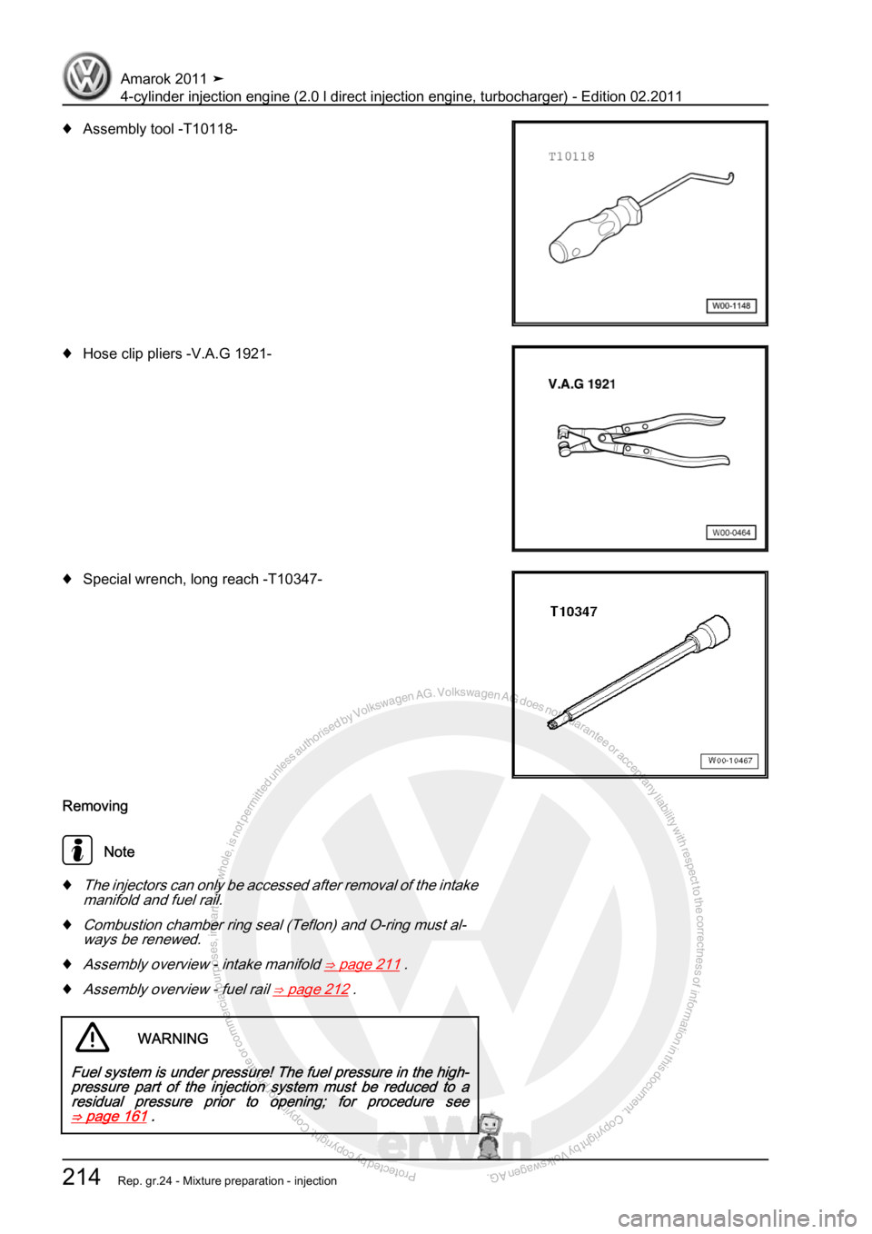 VOLKSWAGEN AMAROK 2011  Workshop Manual Protected by copyright. Copying for private or commercial purposes, in partor in whole, is not permitted unless authorised by Volkswagen AG. Volkswagen AG does notguarantee or accept any liability wit