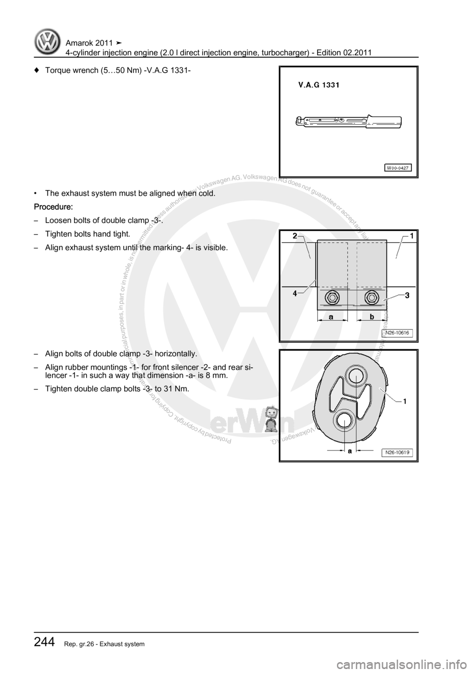VOLKSWAGEN AMAROK 2011  Workshop Manual Protected by copyright. Copying for private or commercial purposes, in partor in whole, is not permitted unless authorised by Volkswagen AG. Volkswagen AG does notguarantee or accept any liability wit