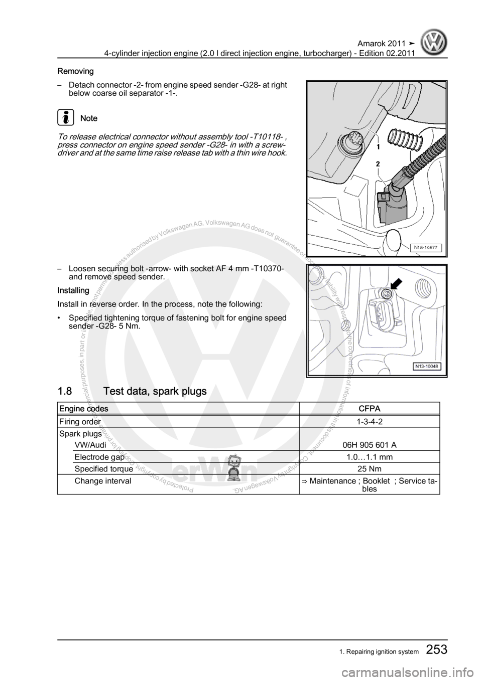 VOLKSWAGEN AMAROK 2011  Workshop Manual Protected by copyright. Copying for private or commercial purposes, in partor in whole, is not permitted unless authorised by Volkswagen AG. Volkswagen AG does notguarantee or accept any liability wit