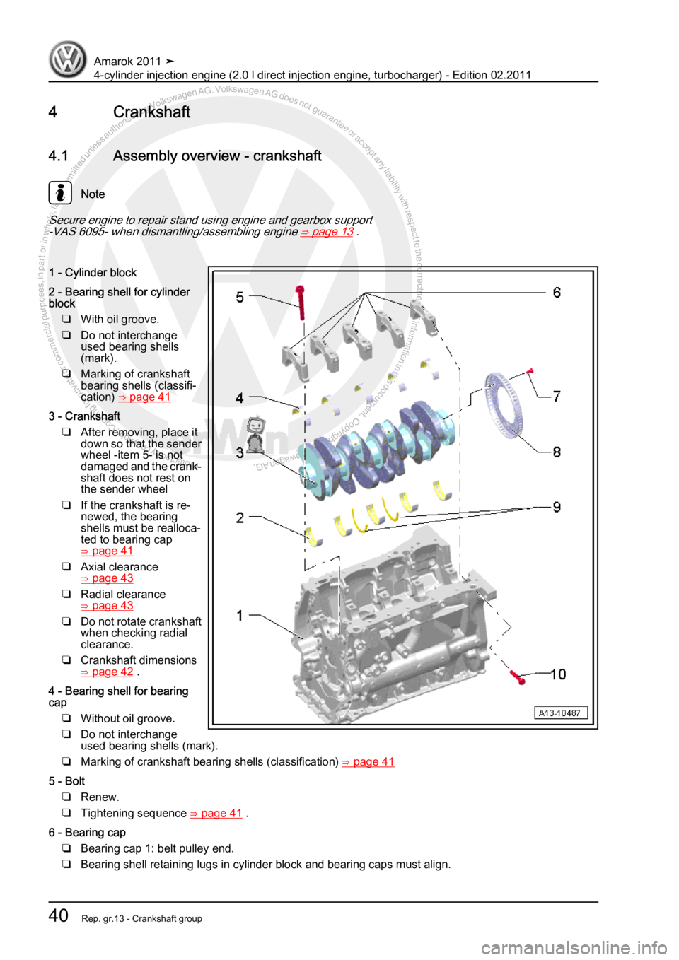 VOLKSWAGEN AMAROK 2011 Service Manual Protected by copyright. Copying for private or commercial purposes, in partor in whole, is not permitted unless authorised by Volkswagen AG. Volkswagen AG does notguarantee or accept any liability wit