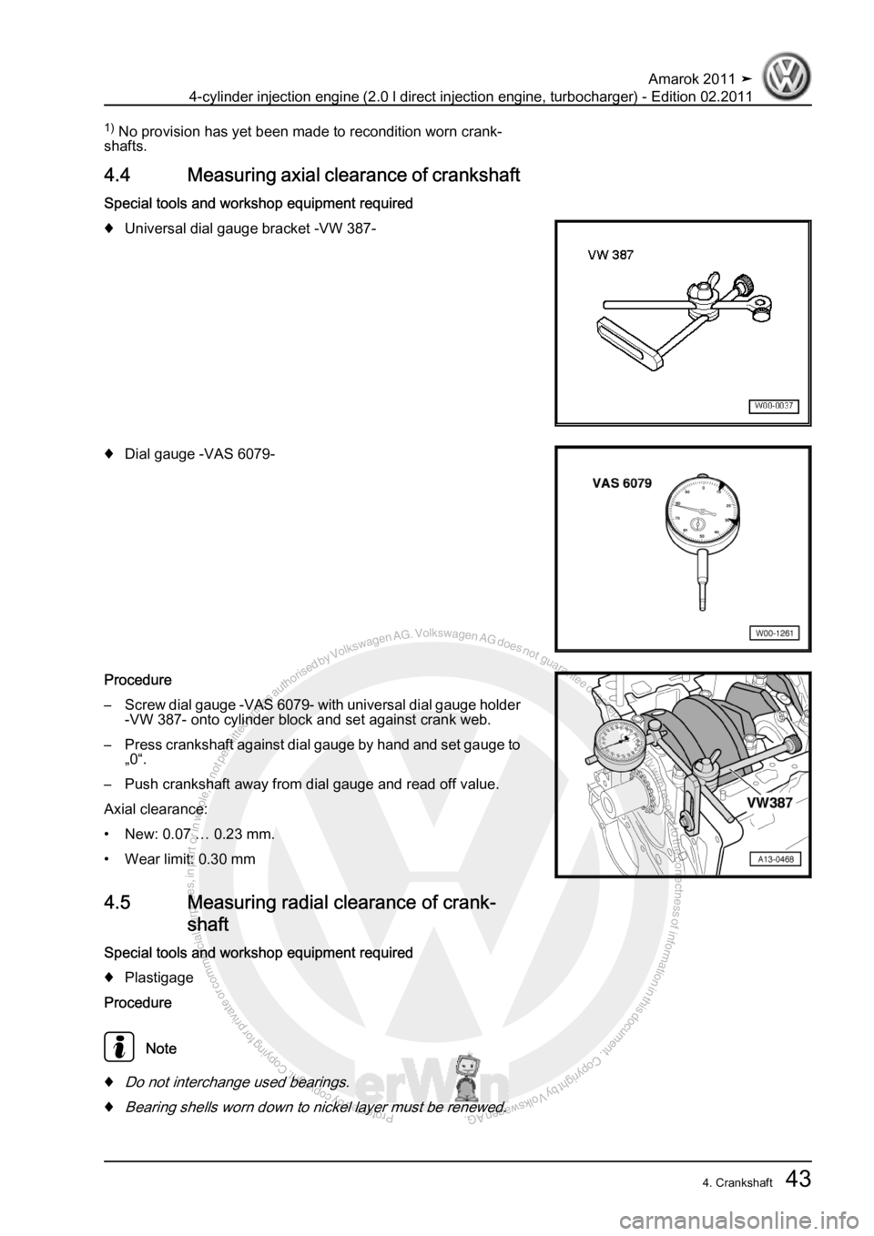 VOLKSWAGEN AMAROK 2011 Service Manual Protected by copyright. Copying for private or commercial purposes, in partor in whole, is not permitted unless authorised by Volkswagen AG. Volkswagen AG does notguarantee or accept any liability wit