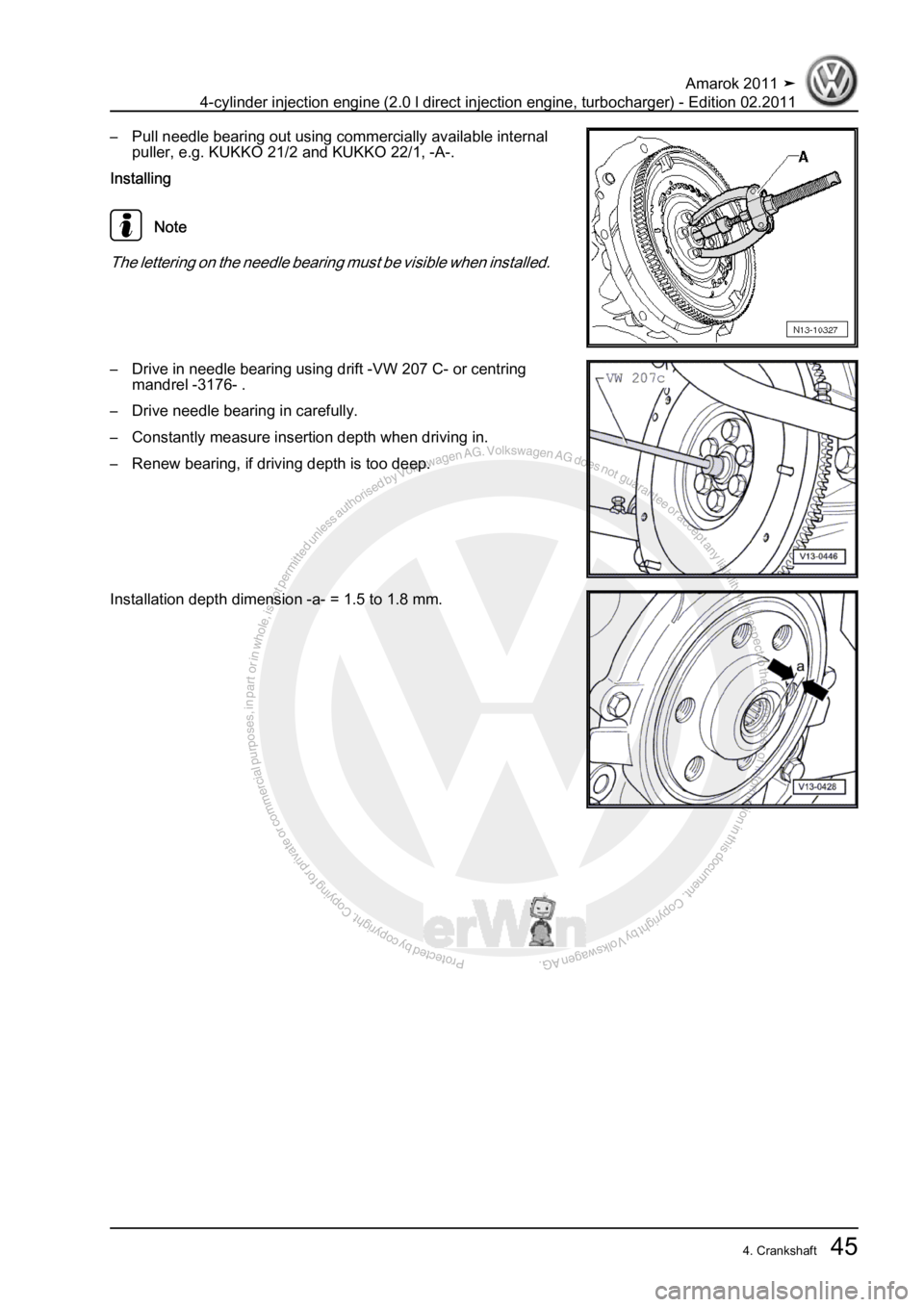 VOLKSWAGEN AMAROK 2011 Repair Manual Protected by copyright. Copying for private or commercial purposes, in partor in whole, is not permitted unless authorised by Volkswagen AG. Volkswagen AG does notguarantee or accept any liability wit