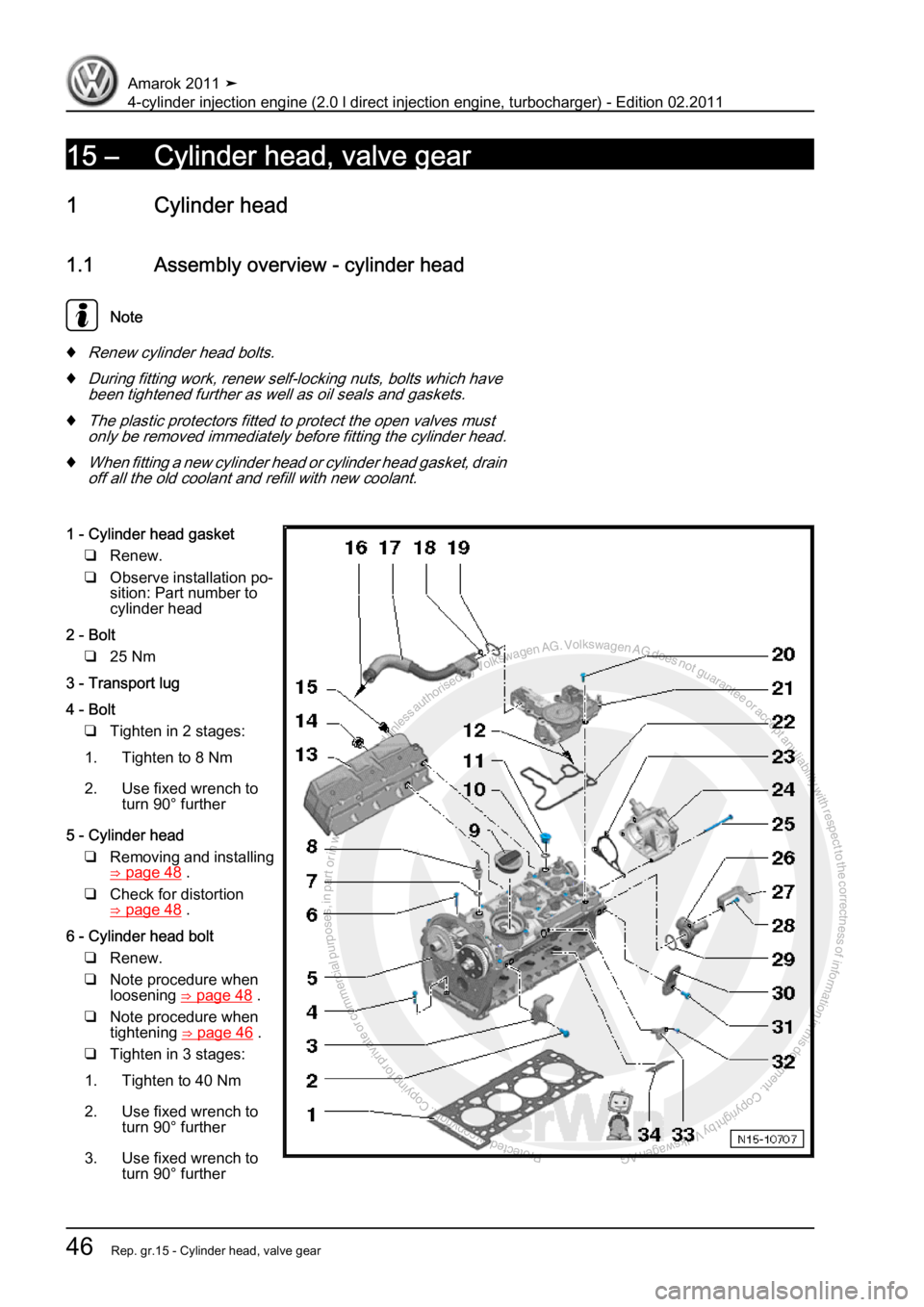 VOLKSWAGEN AMAROK 2011 Repair Manual Protected by copyright. Copying for private or commercial purposes, in partor in whole, is not permitted unless authorised by Volkswagen AG. Volkswagen AG does notguarantee or accept any liability wit