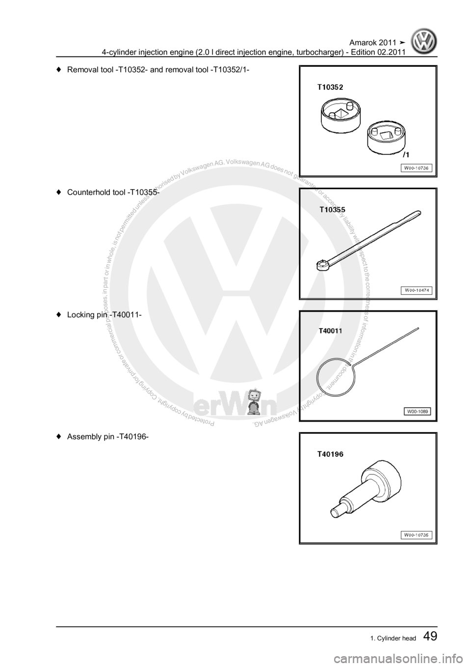 VOLKSWAGEN AMAROK 2011 Repair Manual Protected by copyright. Copying for private or commercial purposes, in partor in whole, is not permitted unless authorised by Volkswagen AG. Volkswagen AG does notguarantee or accept any liability wit