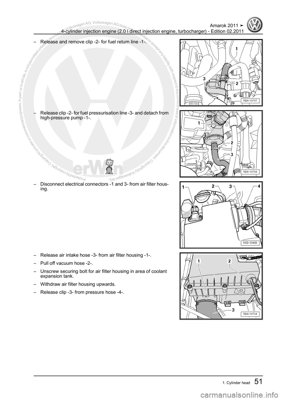 VOLKSWAGEN AMAROK 2011 Repair Manual Protected by copyright. Copying for private or commercial purposes, in partor in whole, is not permitted unless authorised by Volkswagen AG. Volkswagen AG does notguarantee or accept any liability wit