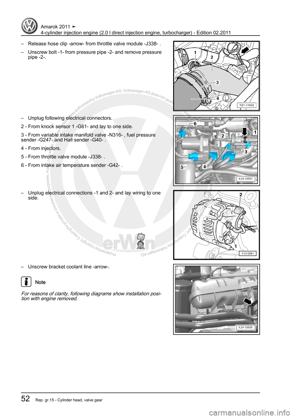 VOLKSWAGEN AMAROK 2011 Repair Manual Protected by copyright. Copying for private or commercial purposes, in partor in whole, is not permitted unless authorised by Volkswagen AG. Volkswagen AG does notguarantee or accept any liability wit