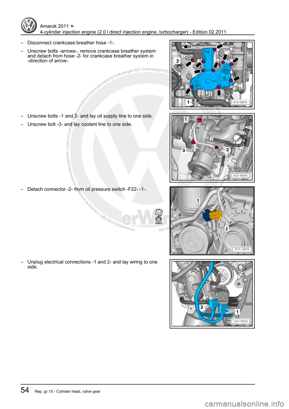 VOLKSWAGEN AMAROK 2011 Repair Manual Protected by copyright. Copying for private or commercial purposes, in partor in whole, is not permitted unless authorised by Volkswagen AG. Volkswagen AG does notguarantee or accept any liability wit