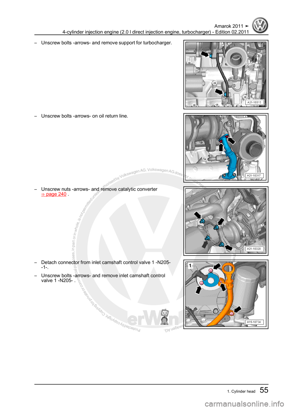 VOLKSWAGEN AMAROK 2011 Repair Manual Protected by copyright. Copying for private or commercial purposes, in partor in whole, is not permitted unless authorised by Volkswagen AG. Volkswagen AG does notguarantee or accept any liability wit