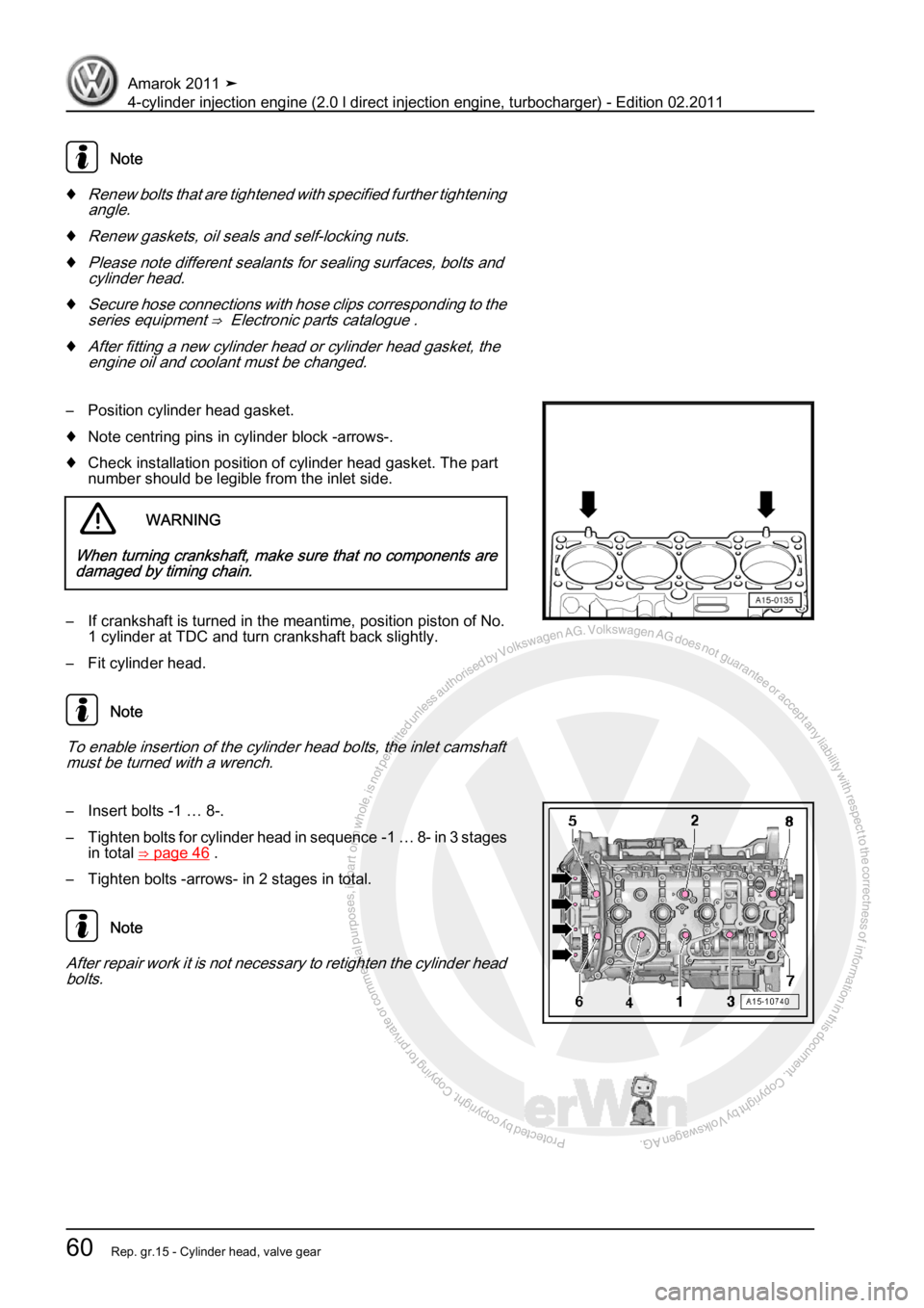 VOLKSWAGEN AMAROK 2011 Repair Manual Protected by copyright. Copying for private or commercial purposes, in partor in whole, is not permitted unless authorised by Volkswagen AG. Volkswagen AG does notguarantee or accept any liability wit
