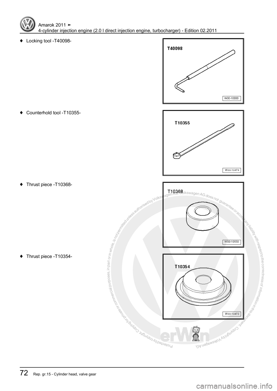 VOLKSWAGEN AMAROK 2011 Manual PDF Protected by copyright. Copying for private or commercial purposes, in partor in whole, is not permitted unless authorised by Volkswagen AG. Volkswagen AG does notguarantee or accept any liability wit