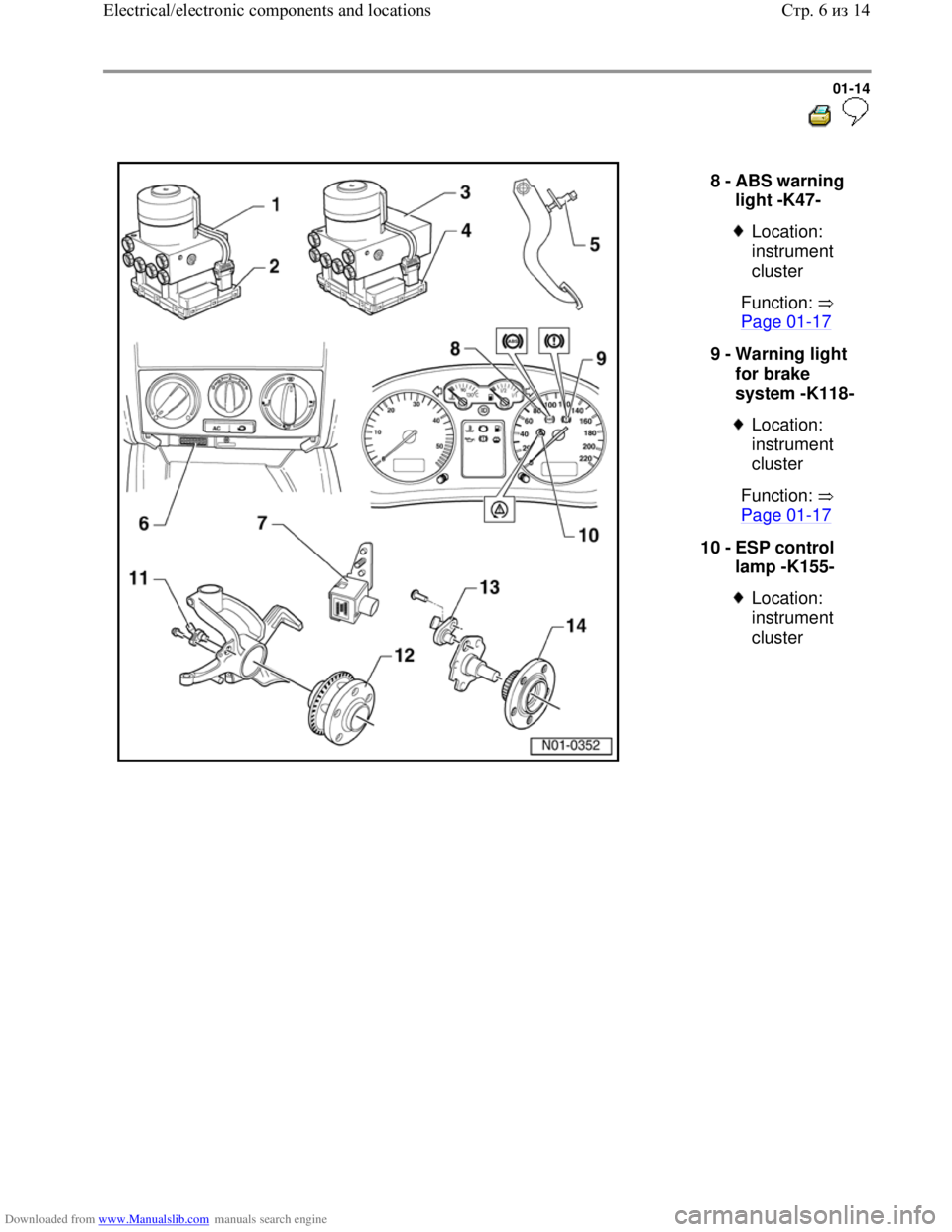 VOLKSWAGEN BORA 1998 User Guide Downloaded from www.Manualslib.com manuals search engine 01-14
  
 
  
8 - 
ABS warning 
light -K47- 
 
Location: 
instrument 
cluster 
  Function:   
Page 01
-17 
9 - 
Warning light 
for brake 
syste
