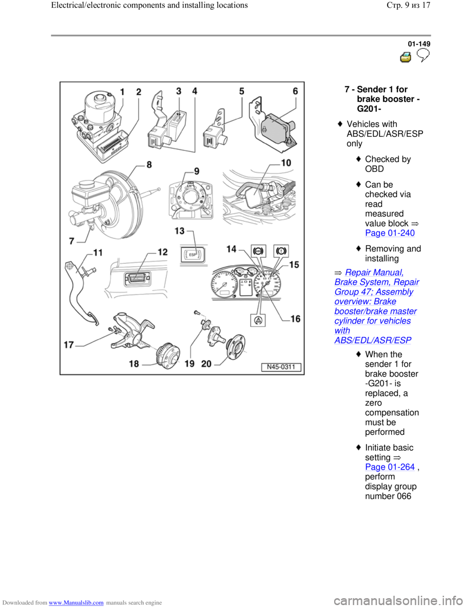 VOLKSWAGEN BORA 1998  Service Manual Downloaded from www.Manualslib.com manuals search engine 01-149
  
 
  
 Repair Manual, 
Brake System, Repair 
Group 47; Assembly 
overview: Brake 
booster/brake master 
cylinder for vehicles 
with 
A