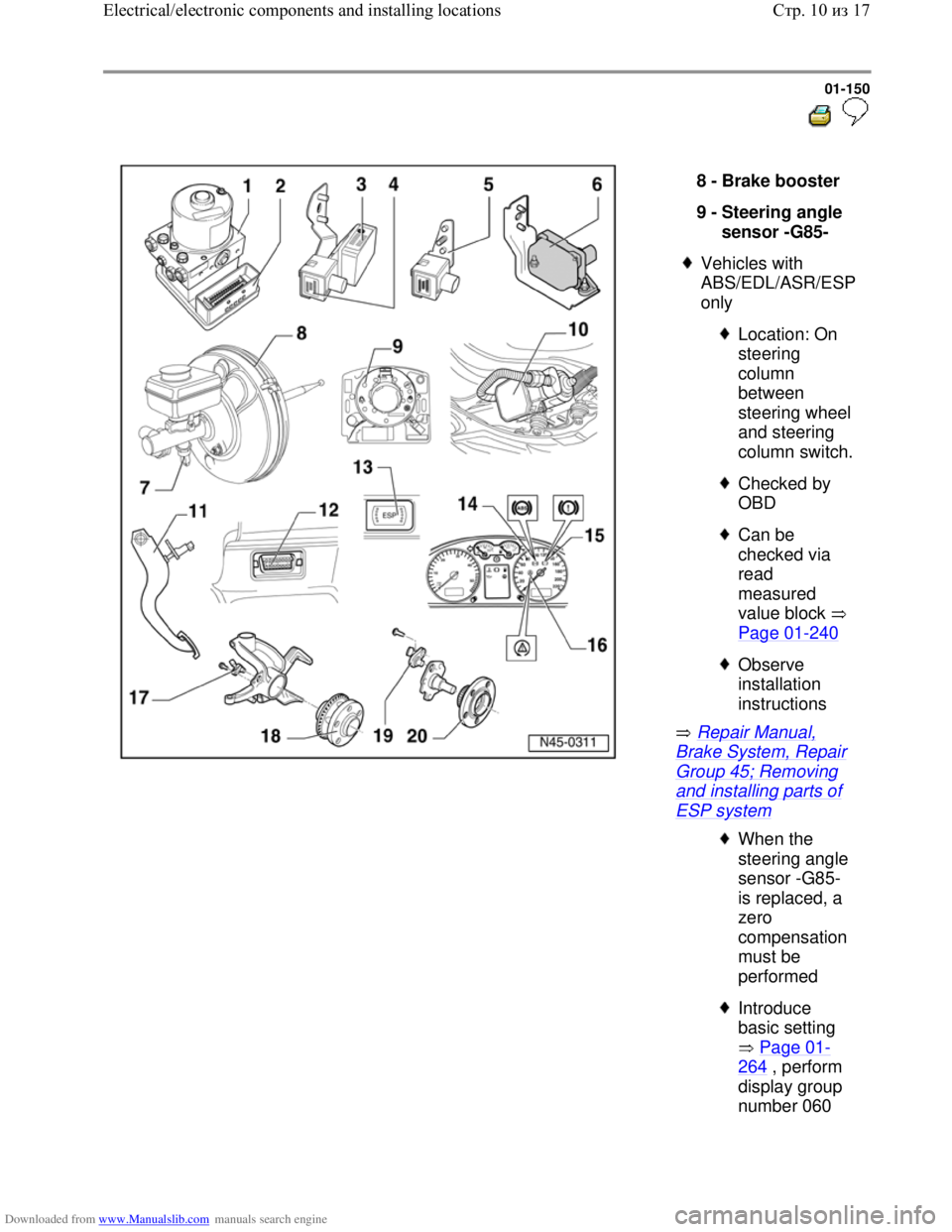 VOLKSWAGEN BORA 1998  Service Manual Downloaded from www.Manualslib.com manuals search engine 01-150
  
 
  
 Repair Manual, 
Brake System, Repair 
Group 45; Removing 
and installing parts of 
ESP system  8 - 
Brake booster 
9 - 
Steerin