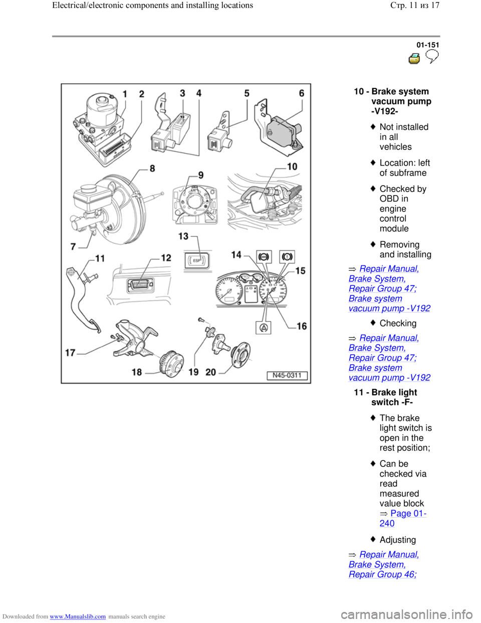 VOLKSWAGEN BORA 1998  Service Manual Downloaded from www.Manualslib.com manuals search engine 01-151
  
 
  
 Repair Manual, 
Brake System, 
Repair Group 47; 
Brake system 
vacuum pump -V192 
 Repair Manual, 
Brake System, 
Repair Group 