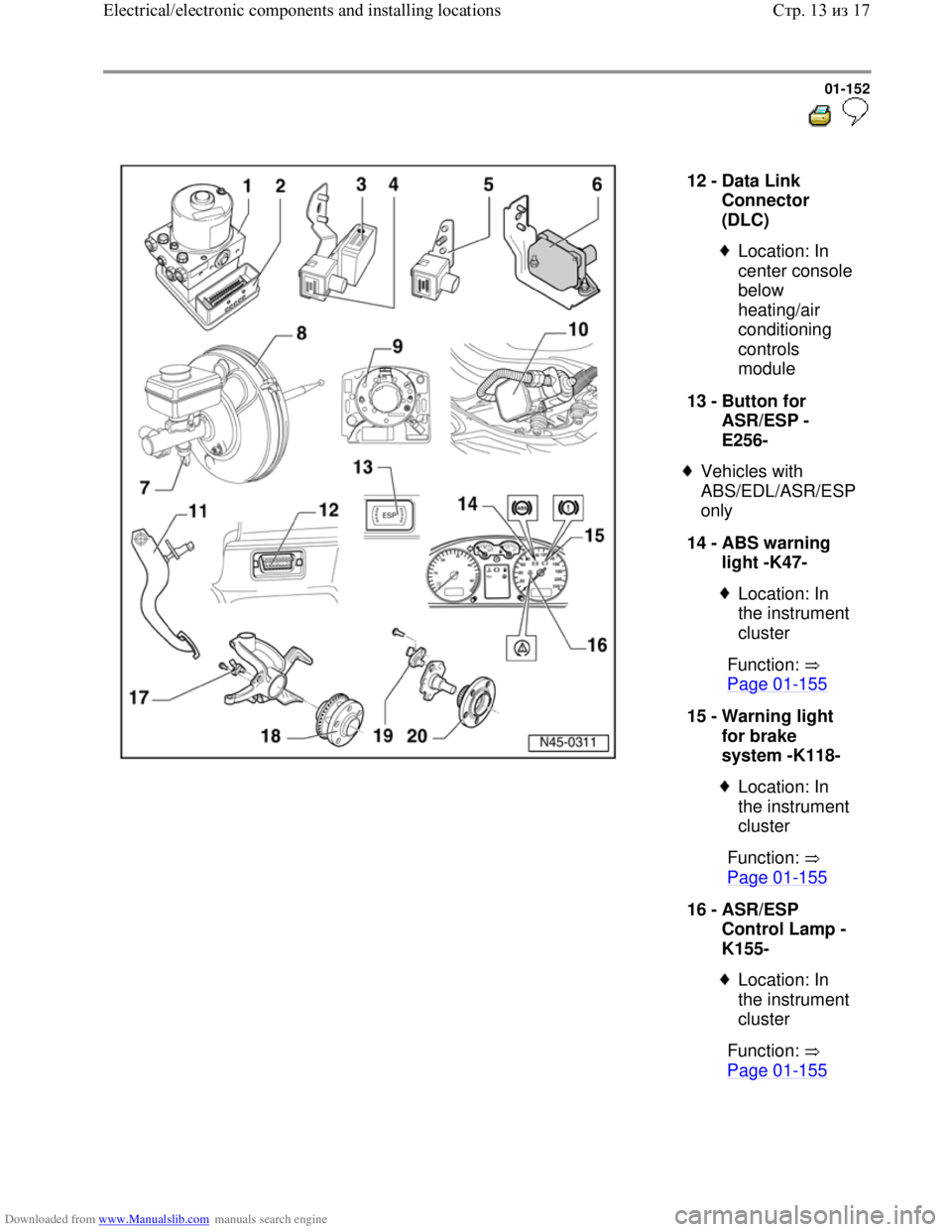 VOLKSWAGEN BORA 1998  Service Manual Downloaded from www.Manualslib.com manuals search engine 01-152
  
 
  
12 - 
Data Link 
Connector 
(DLC) 
 
Location: In 
center console 
below 
heating/air 
conditioning 
controls 
module 
13 - 
But