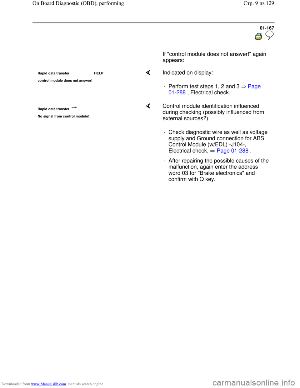 VOLKSWAGEN BORA 1998 Service Manual Downloaded from www.Manualslib.com manuals search engine 01-167
If "control module does not answer!" again
appears:
Rapid data transfer HELP
control module does not answer! Indicated VOLKSWAGEN BORA 1998 Service Manual Downloaded from www.Manualslib.com manuals search engine 01-167
If "control module does not answer!" again
appears:
Rapid data transfer HELP
control module does not answer! Indicated