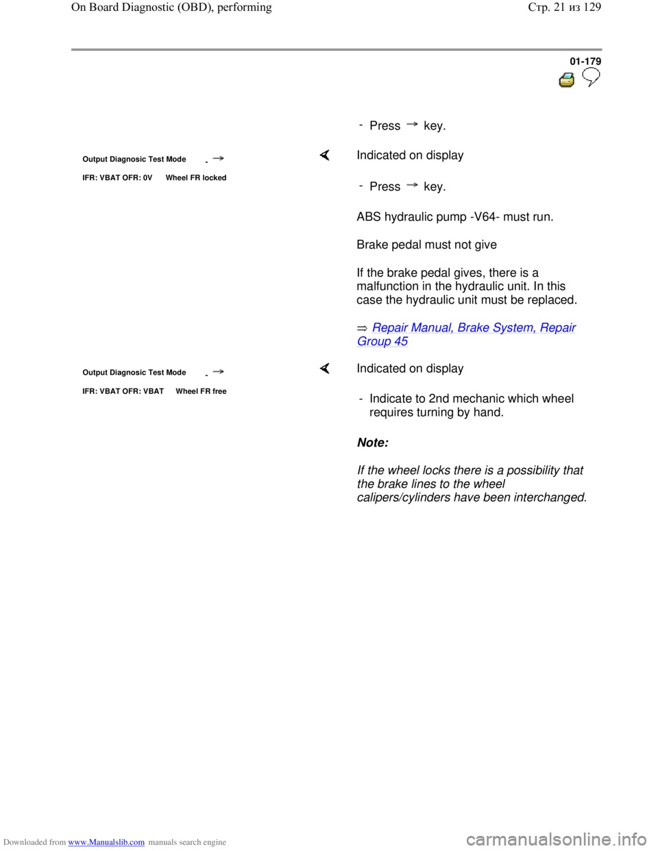 VOLKSWAGEN BORA 1998 Service Manual Downloaded from www.Manualslib.com manuals search engine 01-179
-
Press key.
Output Diagnosic Test Mode
-
IFR: VBAT OFR: 0V Wheel FR locked
Indicated on display
ABS hydraulic pump VOLKSWAGEN BORA 1998 Service Manual Downloaded from www.Manualslib.com manuals search engine 01-179
-
Press key.
Output Diagnosic Test Mode
-
IFR: VBAT OFR: 0V Wheel FR locked
Indicated on display
ABS hydraulic pump