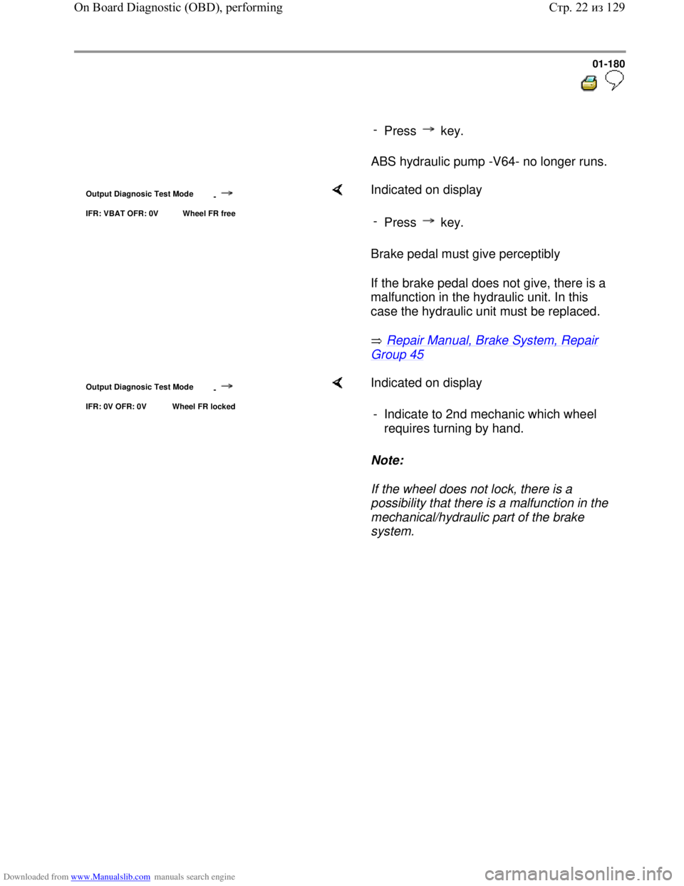 VOLKSWAGEN BORA 1998 Service Manual Downloaded from www.Manualslib.com manuals search engine 01-180
-
Press key.
ABS hydraulic pump -V64- no longer runs.
Output Diagnosic Test Mode
-
IFR: VBAT OFR: 0V Wheel FR fre VOLKSWAGEN BORA 1998 Service Manual Downloaded from www.Manualslib.com manuals search engine 01-180
-
Press key.
ABS hydraulic pump -V64- no longer runs.
Output Diagnosic Test Mode
-
IFR: VBAT OFR: 0V Wheel FR fre