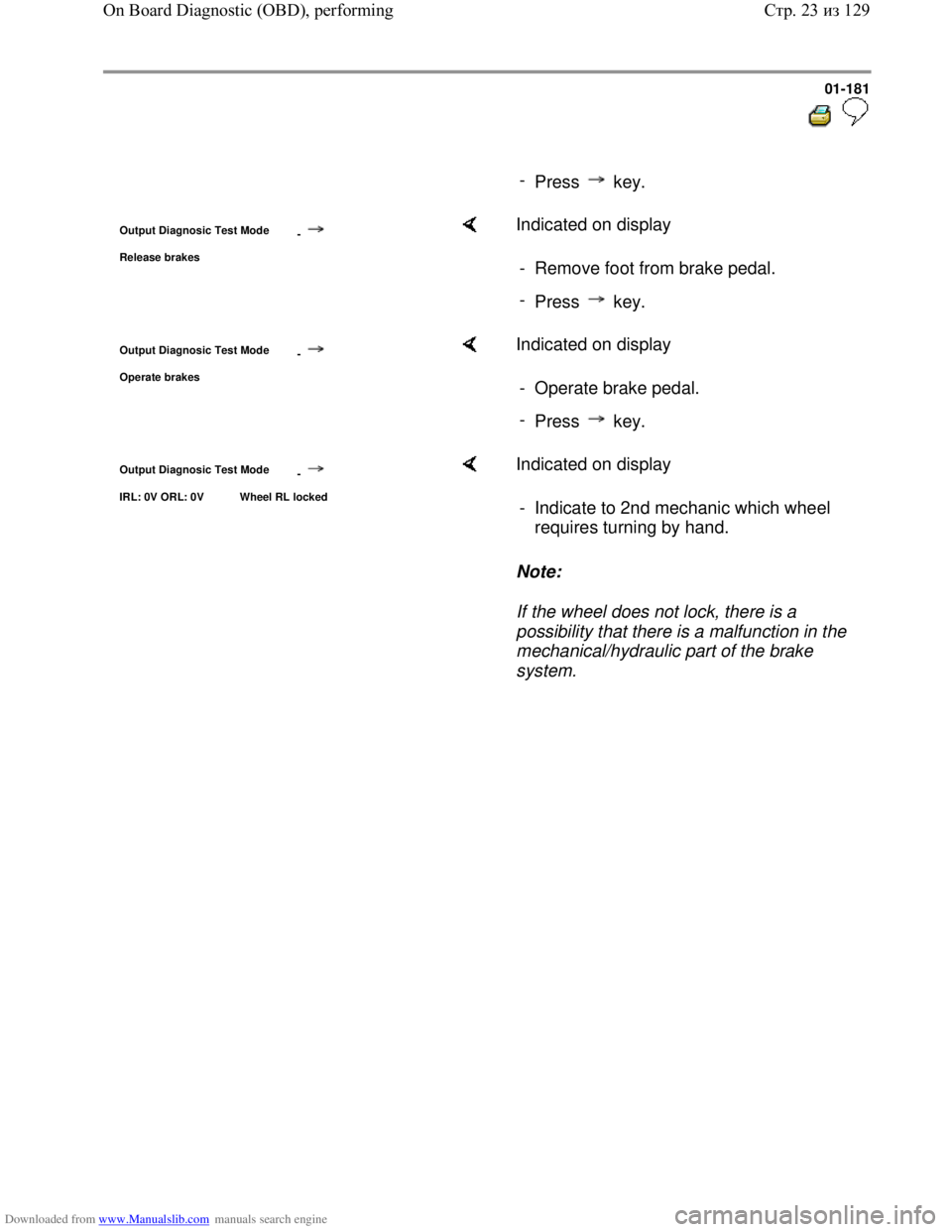 VOLKSWAGEN BORA 1998 Service Manual Downloaded from www.Manualslib.com manuals search engine 01-181
-
Press key.
Output Diagnosic Test Mode
-
Release brakes
Indicated on display
- Remove foot from brake pedal.
-
Pr VOLKSWAGEN BORA 1998 Service Manual Downloaded from www.Manualslib.com manuals search engine 01-181
-
Press key.
Output Diagnosic Test Mode
-
Release brakes
Indicated on display
- Remove foot from brake pedal.
-
Pr