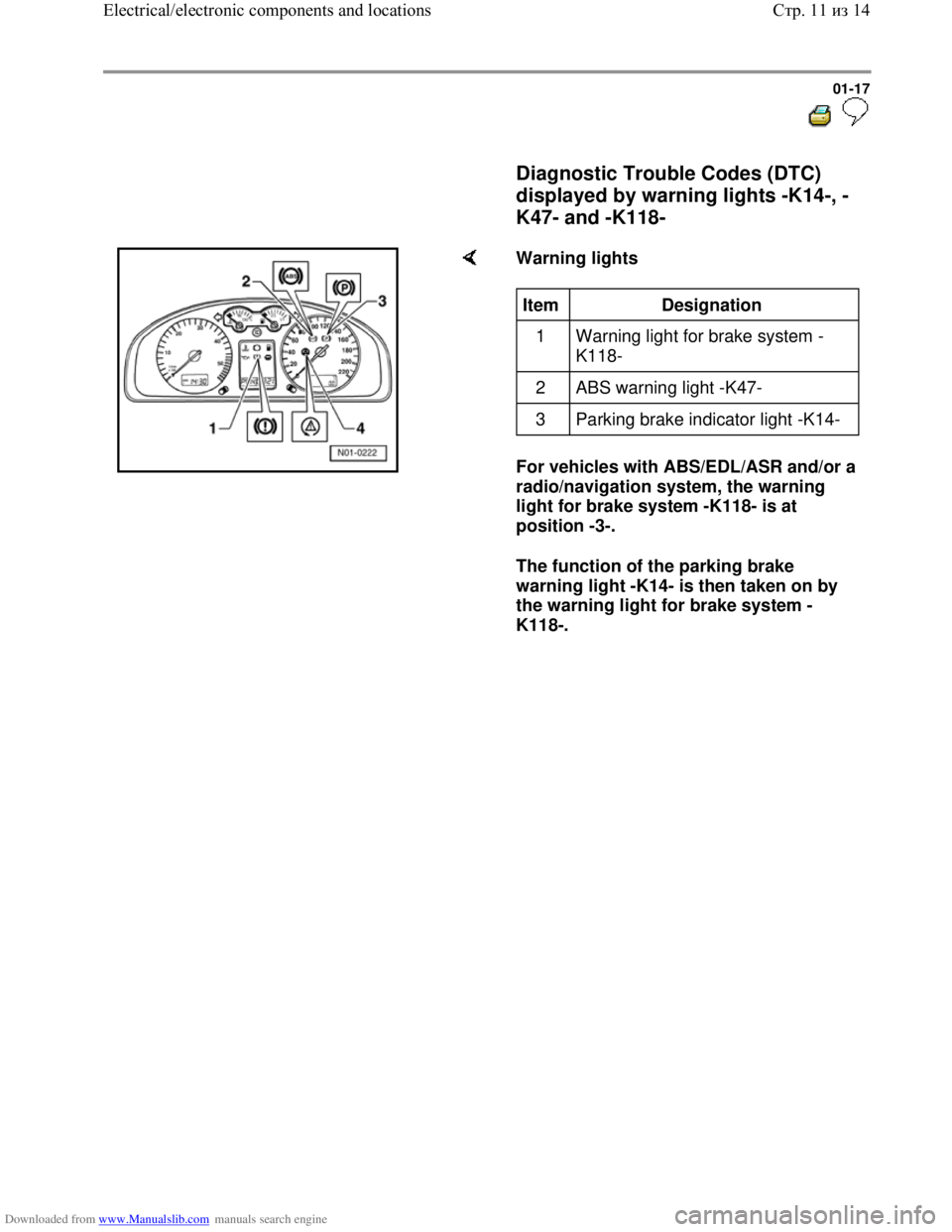 VOLKSWAGEN BORA 1998 User Guide Downloaded from www.Manualslib.com manuals search engine 01-17
  
 
     Diagnostic Trouble Codes (DTC) 
displayed by warning lights -K14-, -
K47- and -K118- 
 
    Warning lights  
For vehicles with 