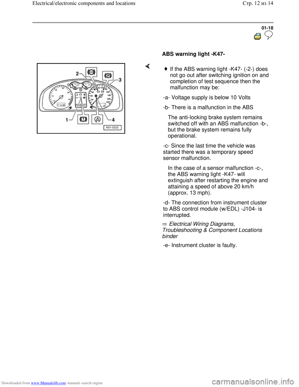 VOLKSWAGEN BORA 1998  Service Manual Downloaded from www.Manualslib.com manuals search engine 01-18
  
 
     
ABS warning light -K47-  
    
 Electrical Wiring Diagrams, 
Troubleshooting & Component Locations 
binder 
If the ABS warning