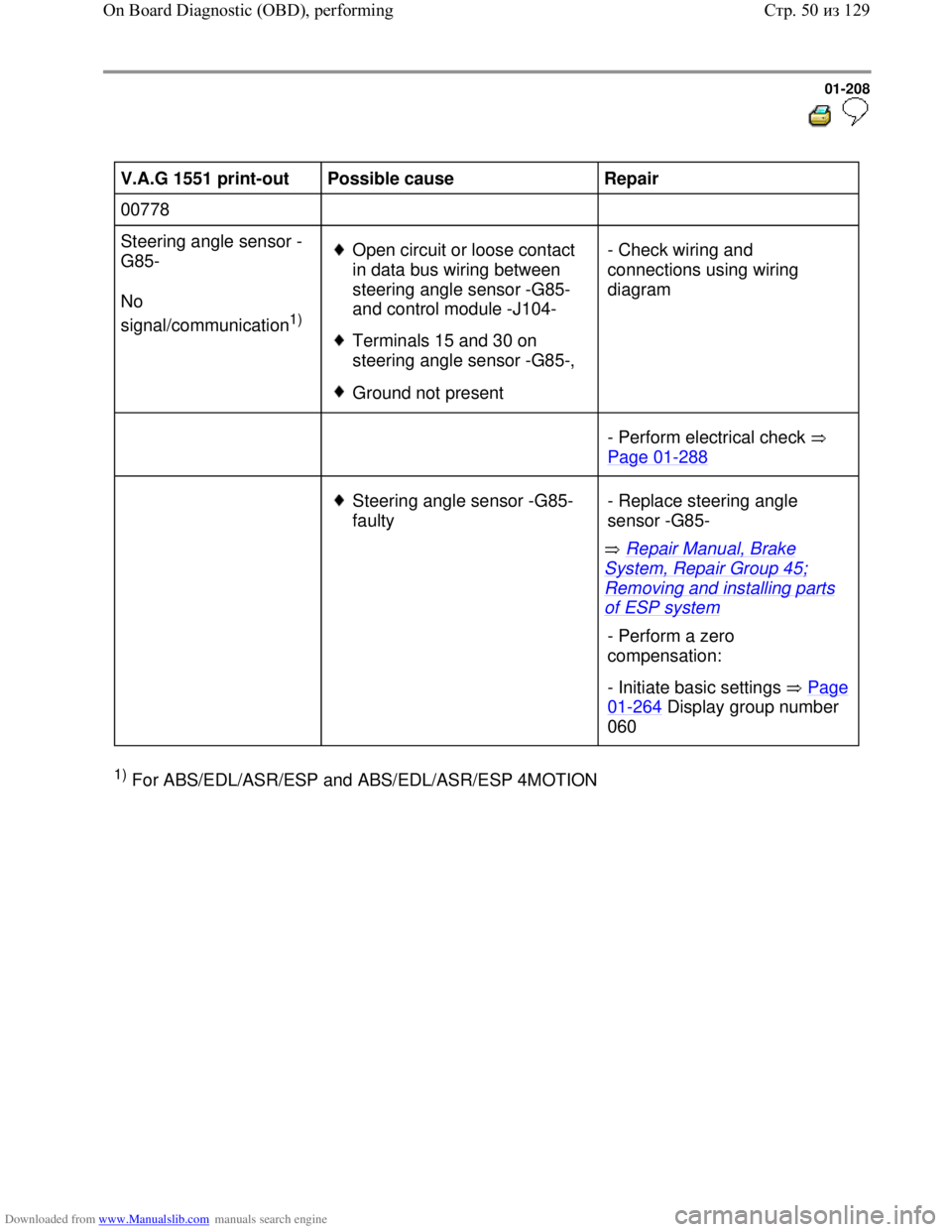 VOLKSWAGEN BORA 1998  Service Manual Downloaded from www.Manualslib.com manuals search engine 01-208
  
 
V.A.G 1551 print-out  
Possible cause  
Repair  
00778        
Steering angle sensor -
G85-  
No 
signal/communication
1)   
Open c