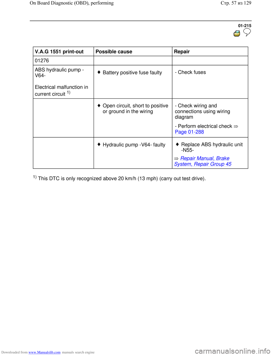 VOLKSWAGEN BORA 1998 Service Manual Downloaded from www.Manualslib.com manuals search engine 01-215
V.A.G 1551 print-out
Possible cause
Repair
01276
ABS hydraulic pump -
V64-
Electrical malfunction in
current circu VOLKSWAGEN BORA 1998 Service Manual Downloaded from www.Manualslib.com manuals search engine 01-215
V.A.G 1551 print-out
Possible cause
Repair
01276
ABS hydraulic pump -
V64-
Electrical malfunction in
current circu