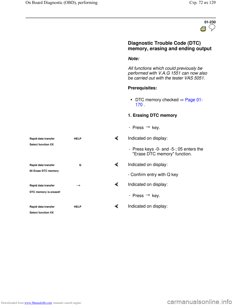 VOLKSWAGEN BORA 1998 Service Manual Downloaded from www.Manualslib.com manuals search engine 01-230
Diagnostic Trouble Code (DTC)
memory, erasing and ending output
Note:
All functions which could previously be VOLKSWAGEN BORA 1998 Service Manual Downloaded from www.Manualslib.com manuals search engine 01-230
Diagnostic Trouble Code (DTC)
memory, erasing and ending output
Note:
All functions which could previously be