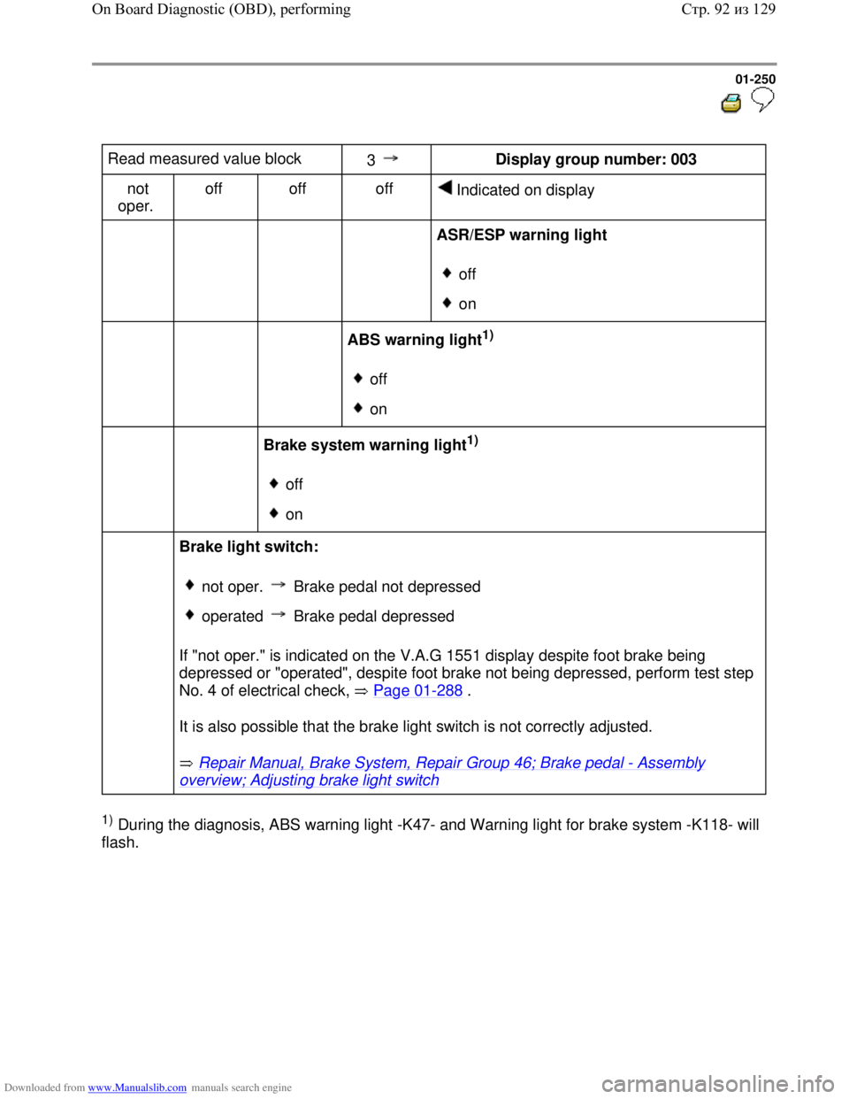VOLKSWAGEN BORA 1998 Service Manual Downloaded from www.Manualslib.com manuals search engine 01-250
Read measured value block
3 Display group number: 003
not
oper. off off off
Indicated on display
ASR/E VOLKSWAGEN BORA 1998 Service Manual Downloaded from www.Manualslib.com manuals search engine 01-250
Read measured value block
3 Display group number: 003
not
oper. off off off
Indicated on display
ASR/E