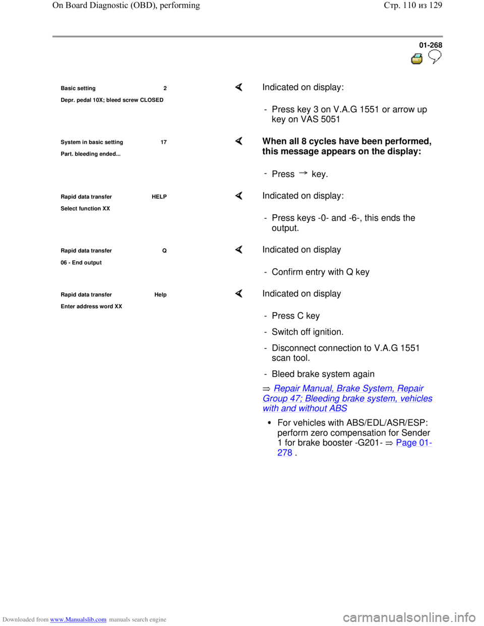 VOLKSWAGEN BORA 1998 Service Manual Downloaded from www.Manualslib.com manuals search engine 01-268
Basic setting 2
De
pr. pedal 10X; bleed screw CLOSED
Indicated on display:
- Press key 3 on V.A.G 1551 or arrow up
key on V VOLKSWAGEN BORA 1998 Service Manual Downloaded from www.Manualslib.com manuals search engine 01-268
Basic setting 2
De
pr. pedal 10X; bleed screw CLOSED
Indicated on display:
- Press key 3 on V.A.G 1551 or arrow up
key on V
