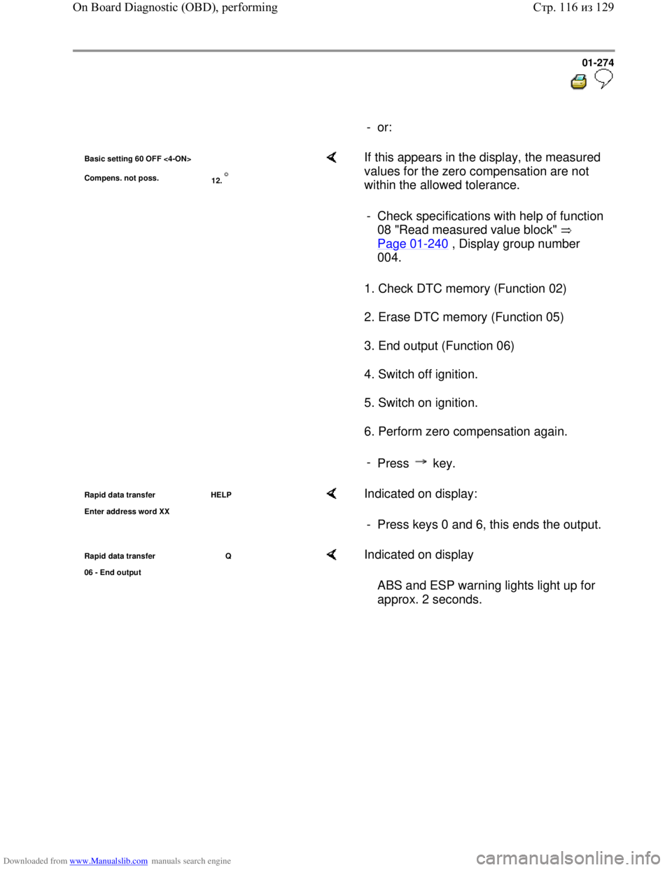 VOLKSWAGEN BORA 1998 Service Manual Downloaded from www.Manualslib.com manuals search engine 01-274
- or:
Basic setting 60 OFF <4-ON>
Compens. not poss.
12. If this appears in the display, the measured
values for the zer VOLKSWAGEN BORA 1998 Service Manual Downloaded from www.Manualslib.com manuals search engine 01-274
- or:
Basic setting 60 OFF <4-ON>
Compens. not poss.
12. If this appears in the display, the measured
values for the zer